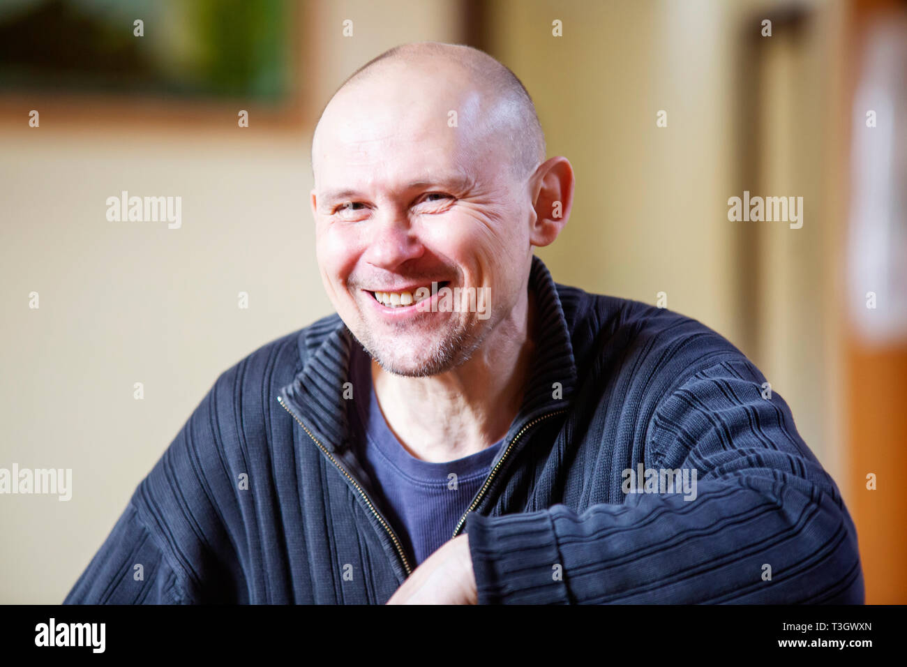 Prague, Czech Republic, March 31, 2019: Sasa Hendruk, legendar Czech spiritual teacher talking in Dayal studio in Prague Stock Photo