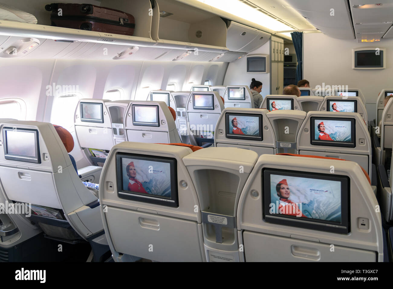 Moscow, Russia - March 27. 2019. Business class on an Aeroflot plane. Back view Stock Photo