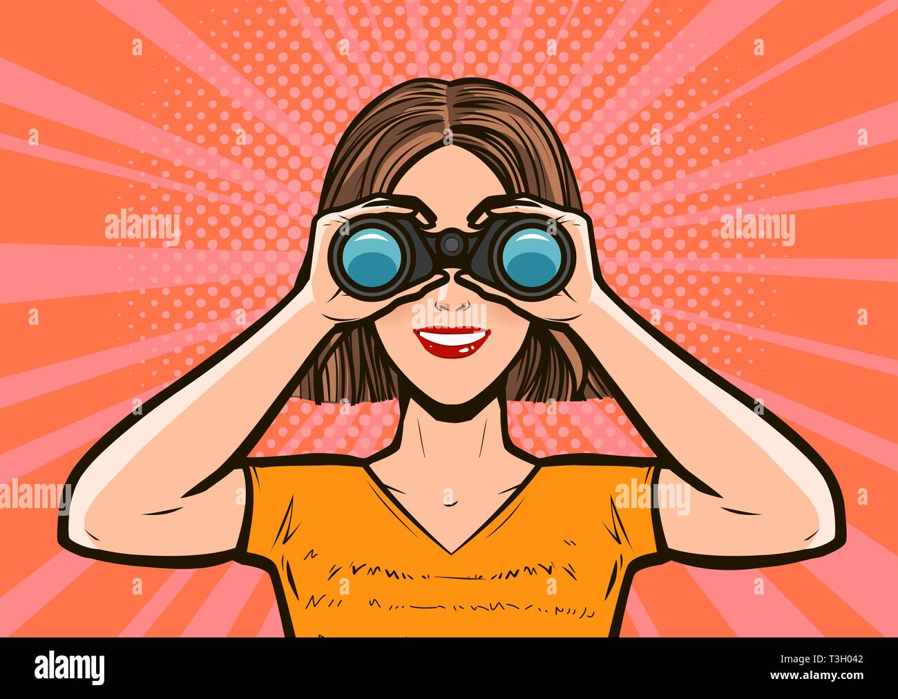 Girl looking through binoculars. Pop art retro comic style. Cartoon vector illustration Stock Vector