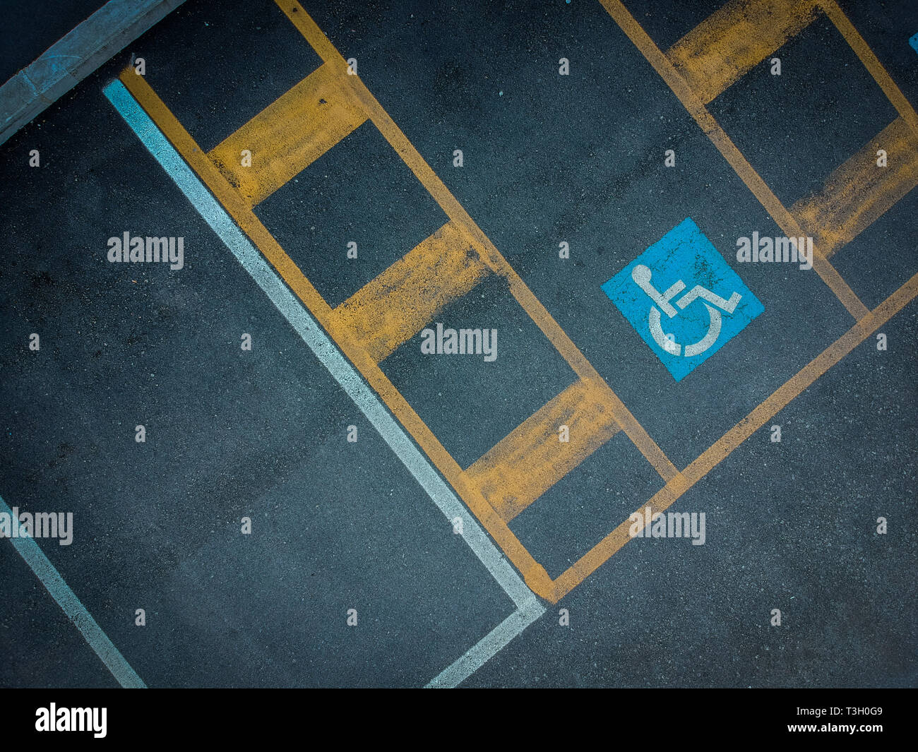 Disabled blue parking sign painted on dark asphalt. Empty handicapped spaces on black. Stock Photo