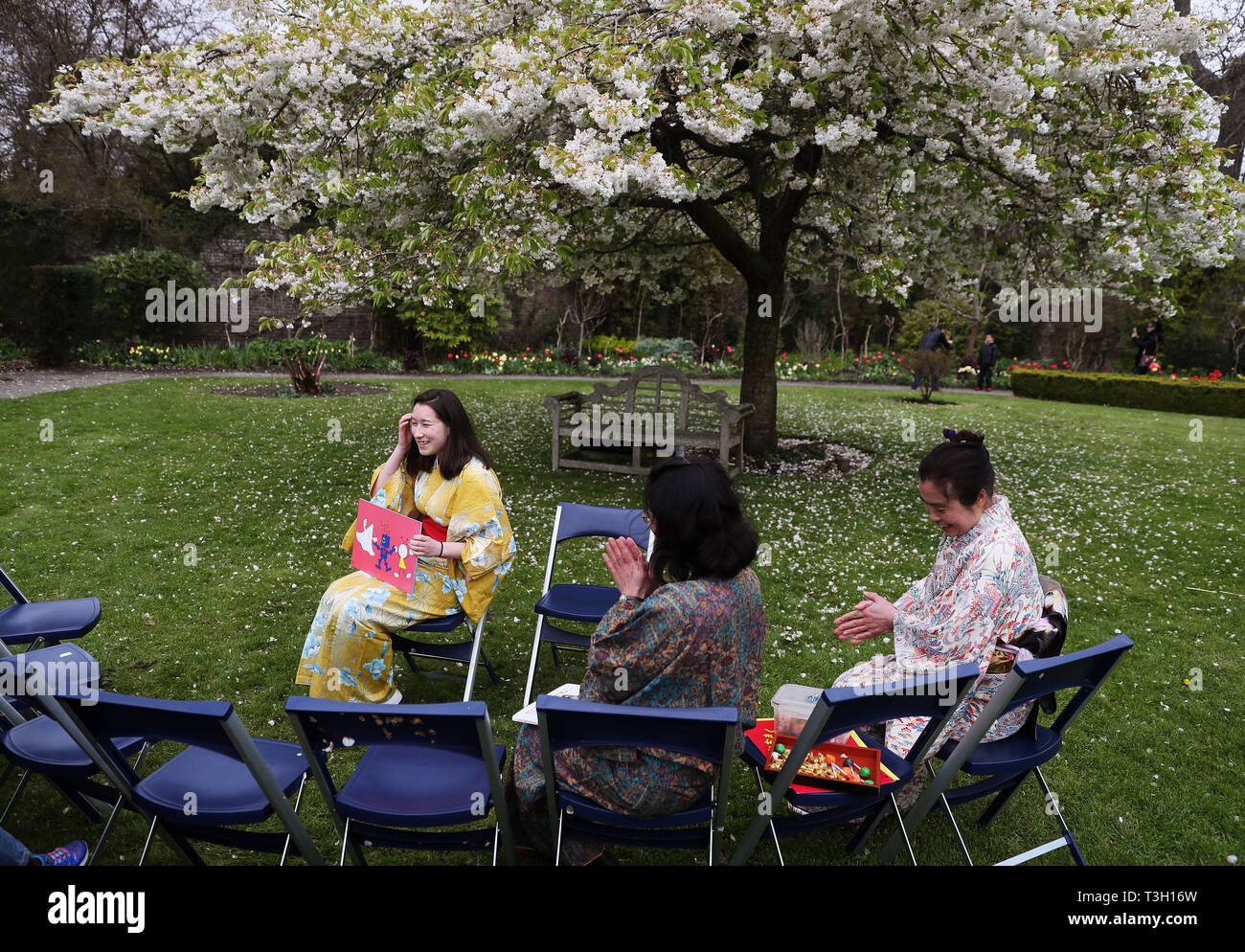 People take their seats for poetry reading at the Japanese Hanami festival in the grounds of Farmleigh House in Dublin's Phoenix Park. Stock Photo