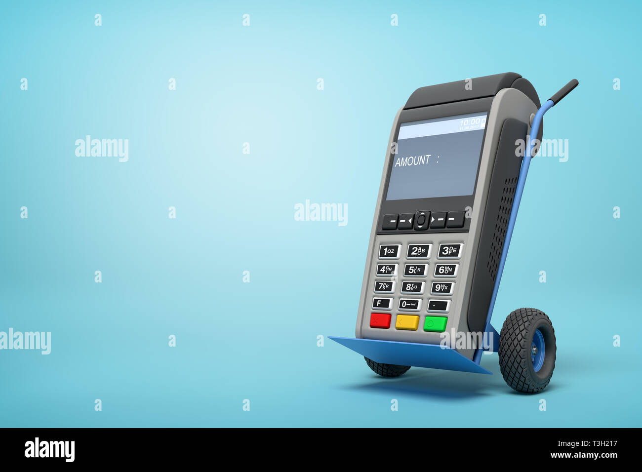 3d rendering of blue hand truck with grey point-of-sale terminal on top on light-blue background with copy space. Stock Photo