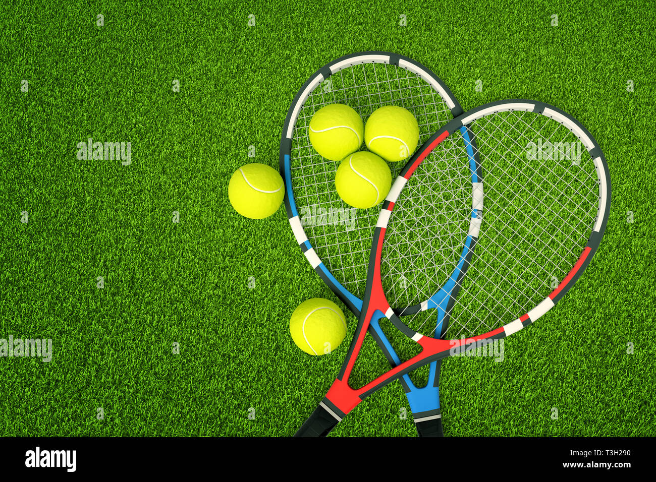 3d rendering of two tennis rackets and yellow tennis balls on green ...