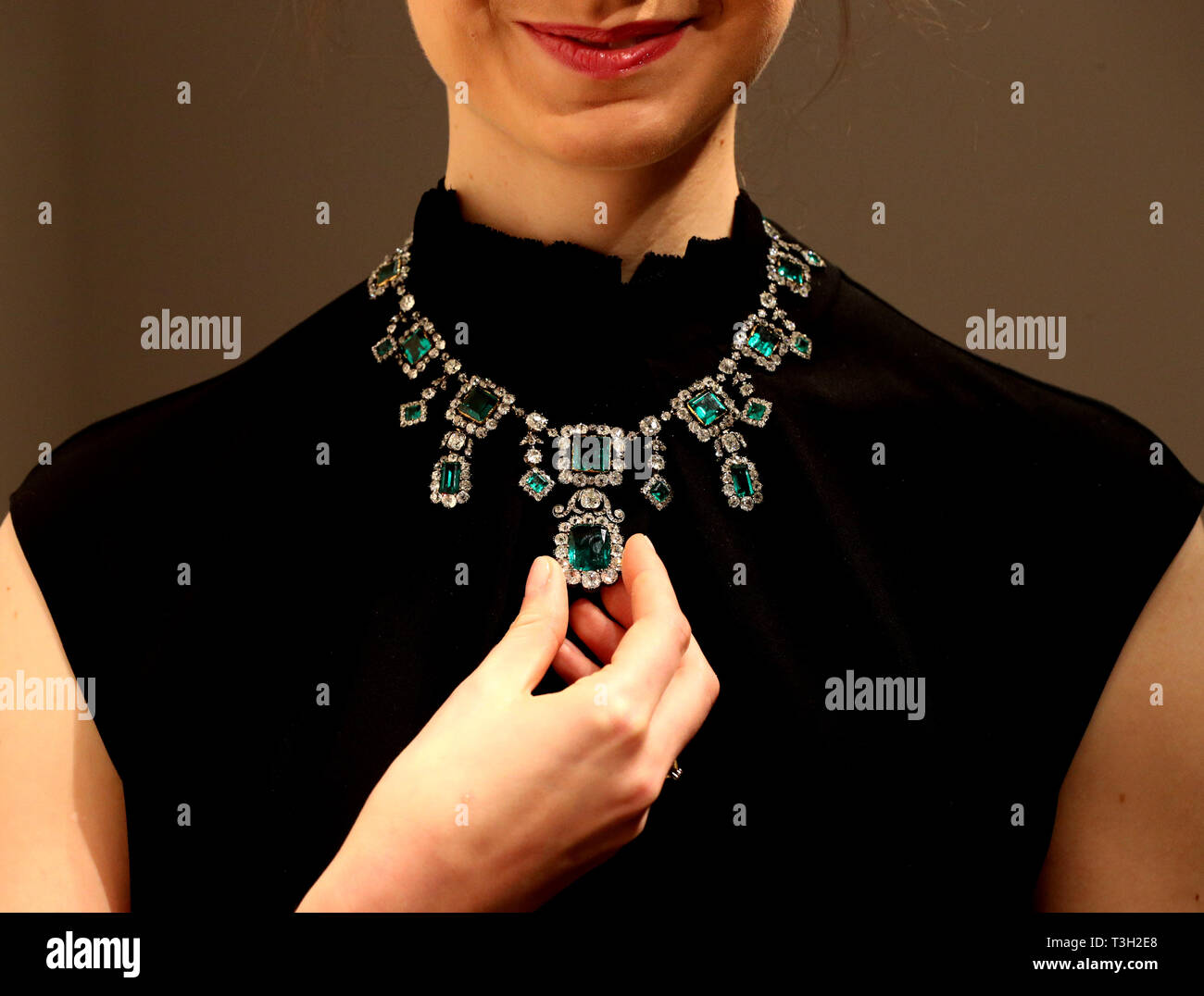 An early 19th century emerald and diamond fringe necklace, with a sales estimate of $1.5 million to $2.5 million, during a photo call at Christie's in London for highlights from their forthcoming Magnificent Jewels Auction which will take place in Geneva. Stock Photo
