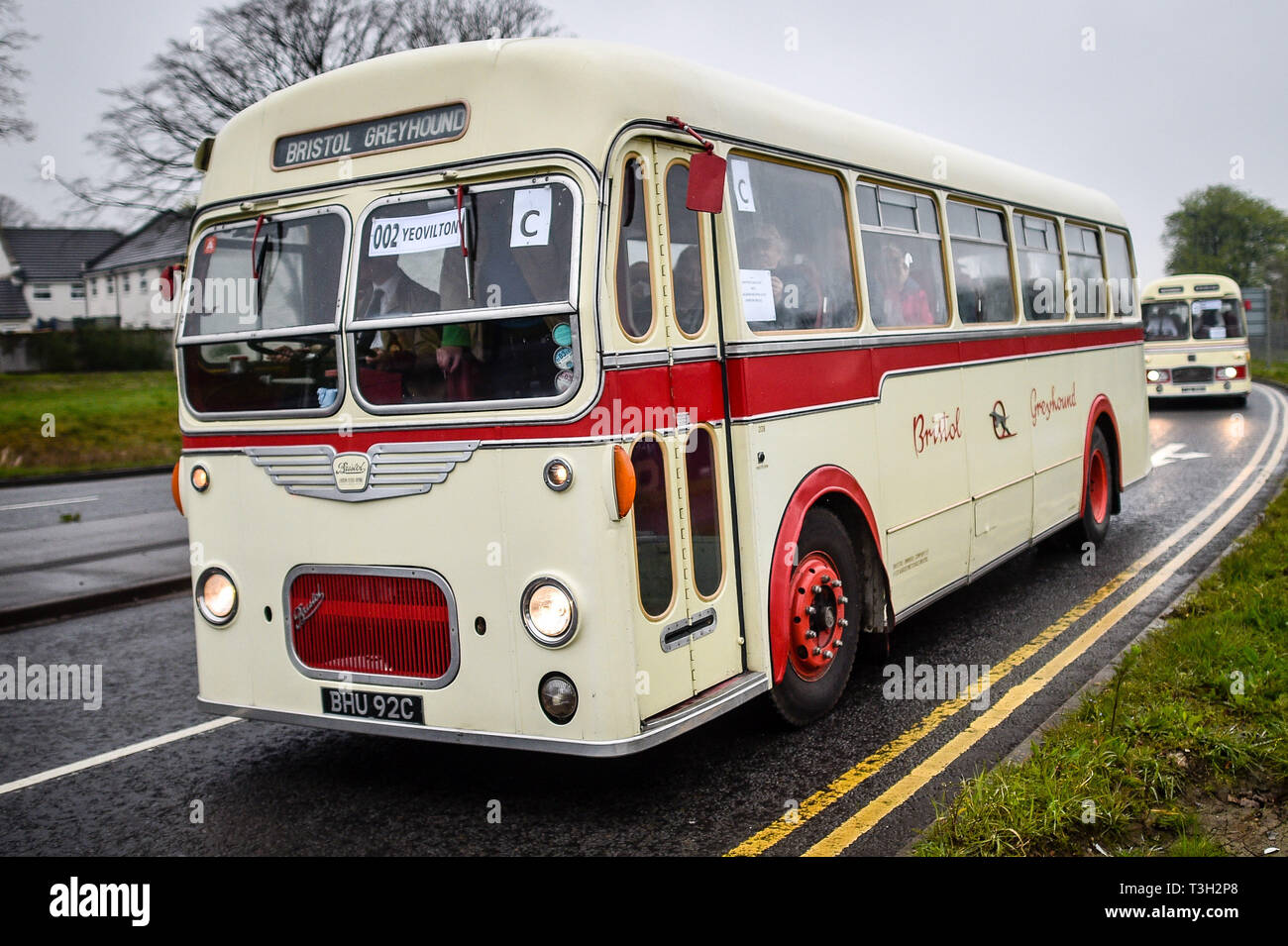 A 1965 Bristol Greyhound MW6G/ECW joins a vintage Bristol vehicle rally driving from Aerospace Bristol to the Fleet Air Arm Museum in Yeovilton, Somerset, home to Concorde 002. Stock Photo