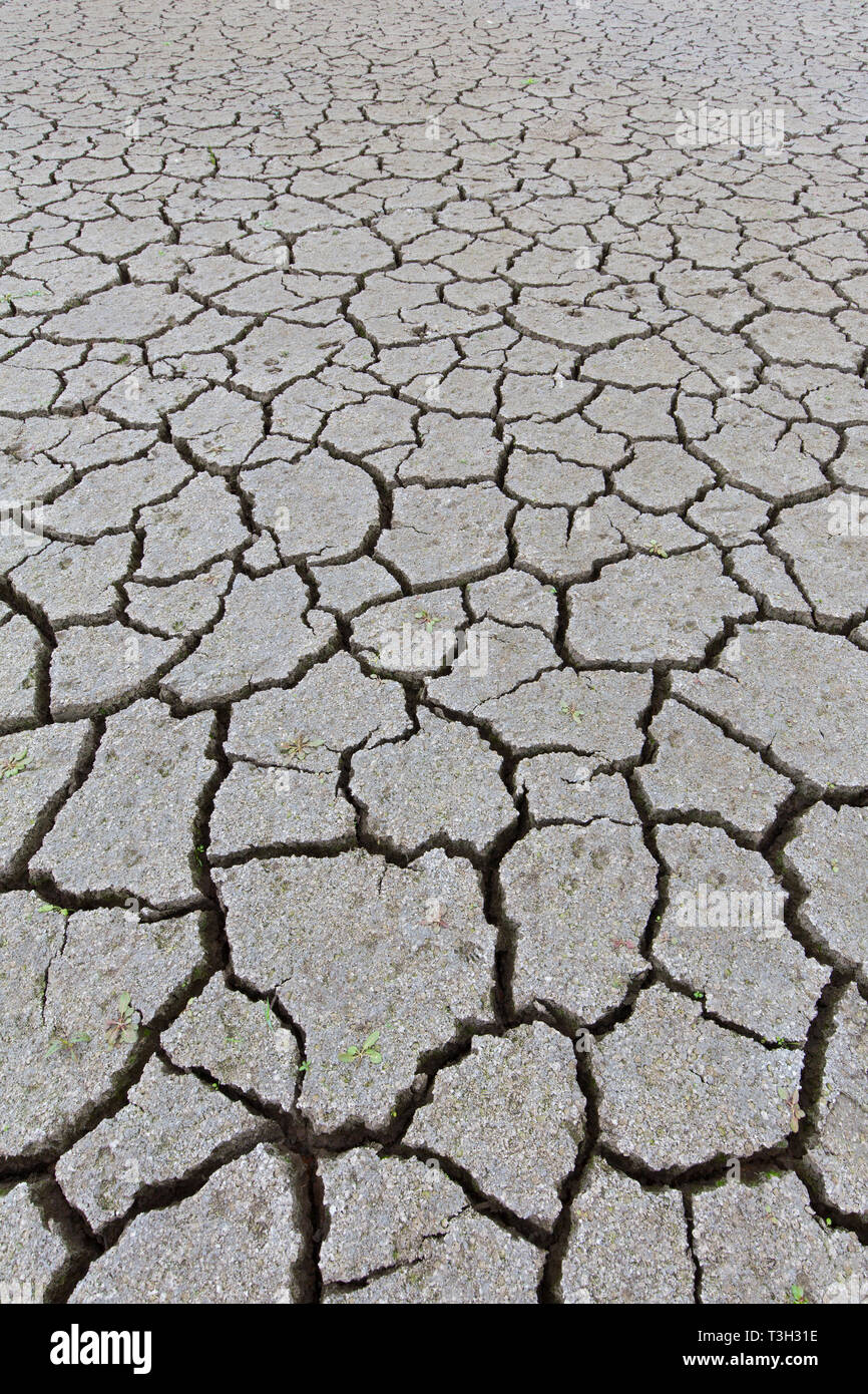 Abstract pattern of dry cracked clay mud in dried up lake bed / riverbed caused by prolonged drought in summer in hot weather temperatures Stock Photo