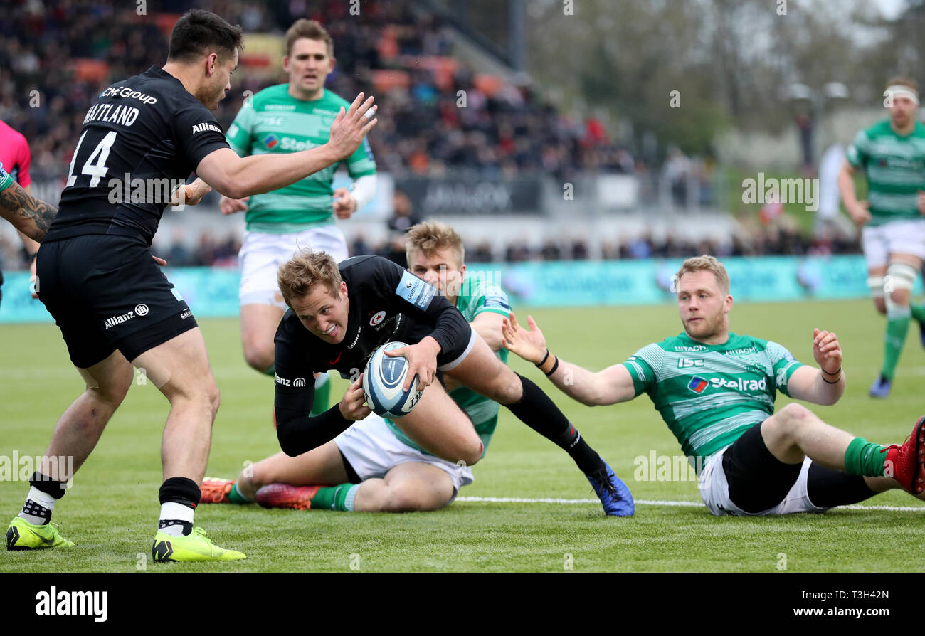 Saracens' Max Malins scores a try during the Gallagher Premiership match at Allianz Park, London. Stock Photo