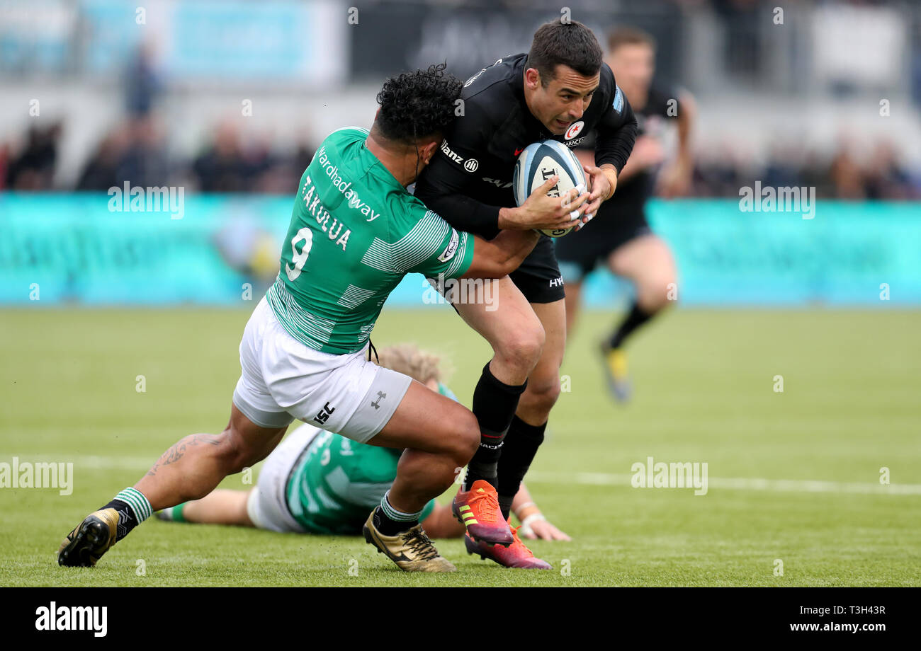 Saracens' Alex Lozowski is tackled by Newcastle Falcons' Tane Takulua during the Gallagher Premiership match at Allianz Park, London. Stock Photo