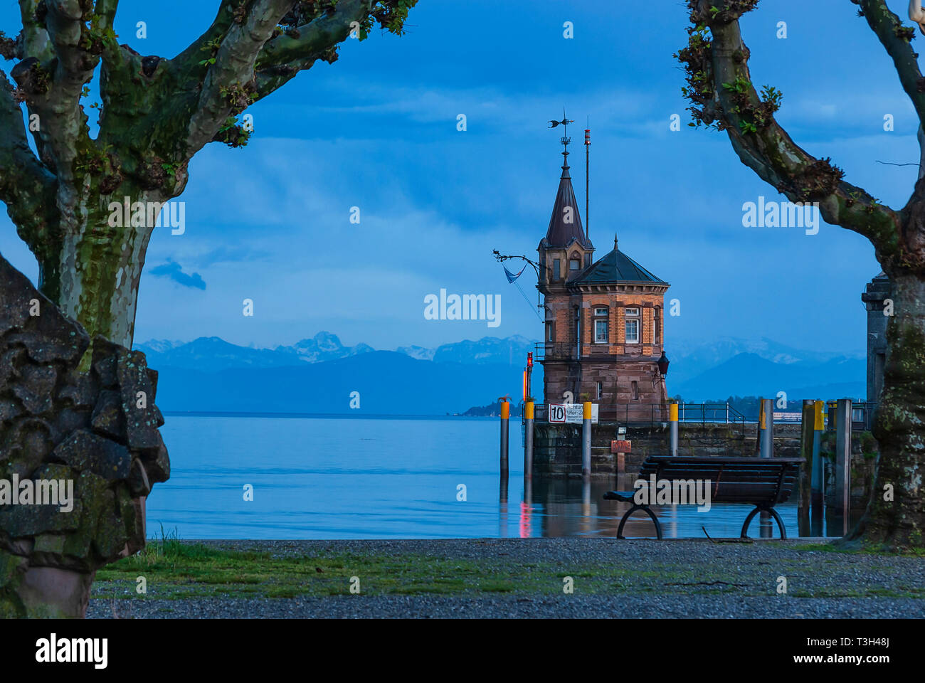 Lighthouse at the end of the south pier, harbour entrance of Constance at Lake Constance, Germany, Europe. Stock Photo