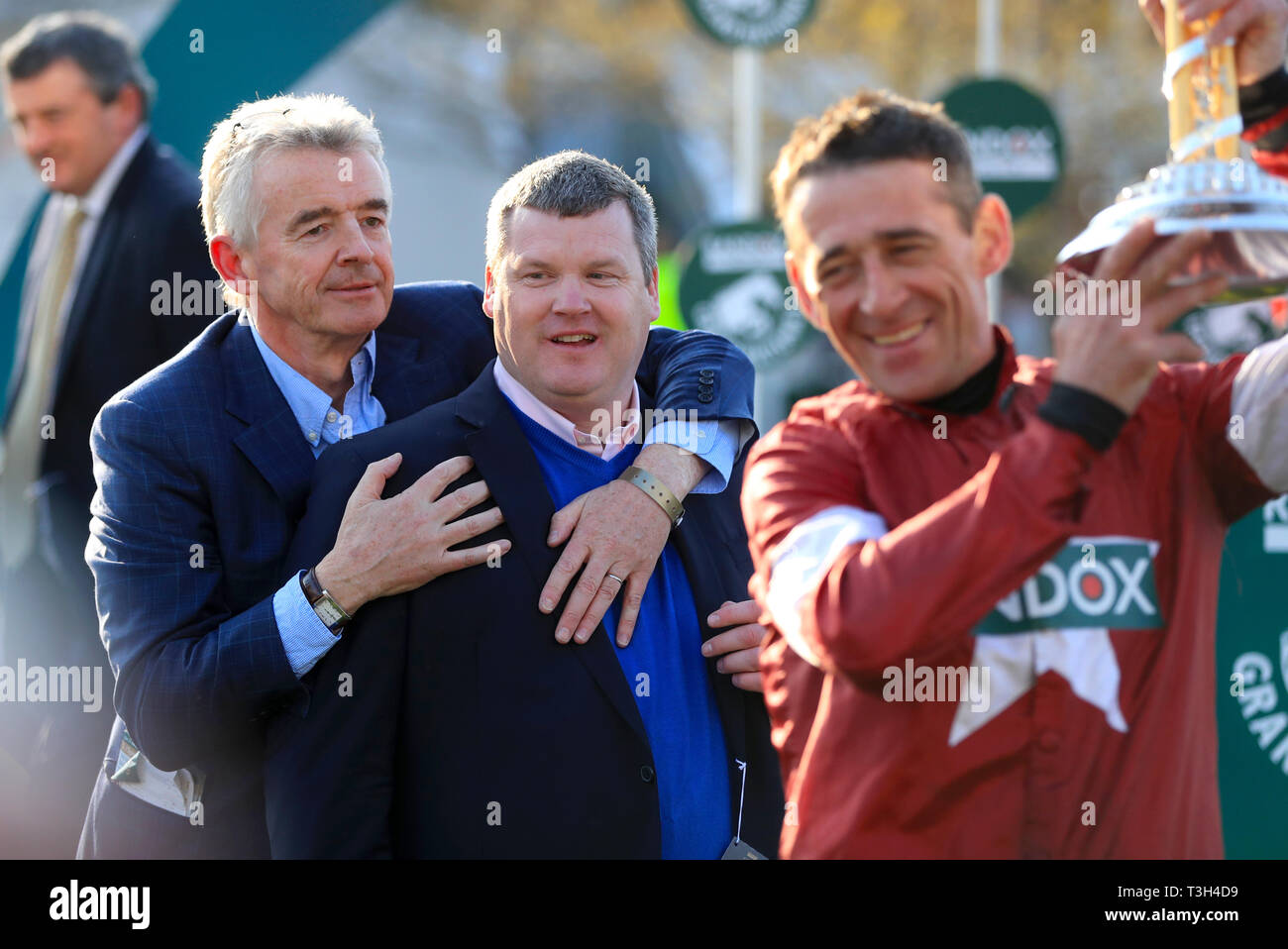 Left To Right Owner Michael O Leary Trainer Gordon Elliott And Jockey Davy Russell Celebrate Winning