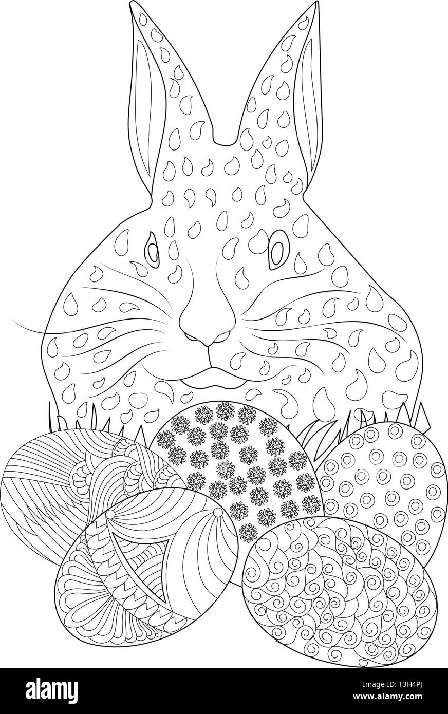 Cute Easter Rabbit with Eggs Line Art Drawing, Coloring Page Stock Vector