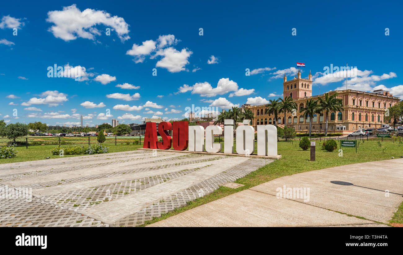 Asuncion letters in front of the Presidential Palace in the capital of Paraguay. Stock Photo