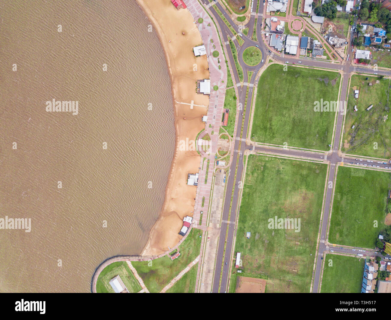 The San Jose beach in Encarnacion in Paraguay from a bird's eye view. Stock Photo
