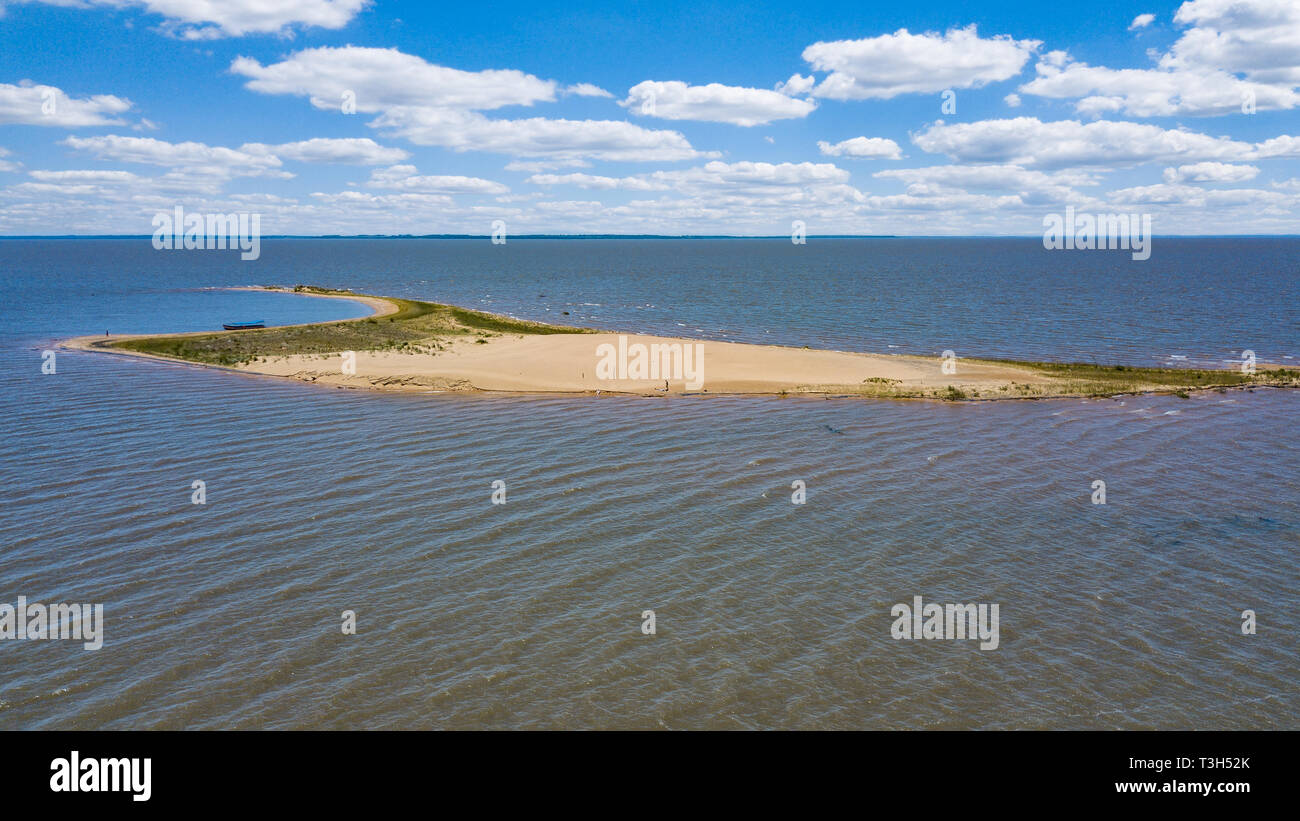 Aerial view of the dunes island 'Las Dunas de San Cosme y Damian' in the middle of the Rio Parana near the city Encarnacion in Paraguay. Stock Photo