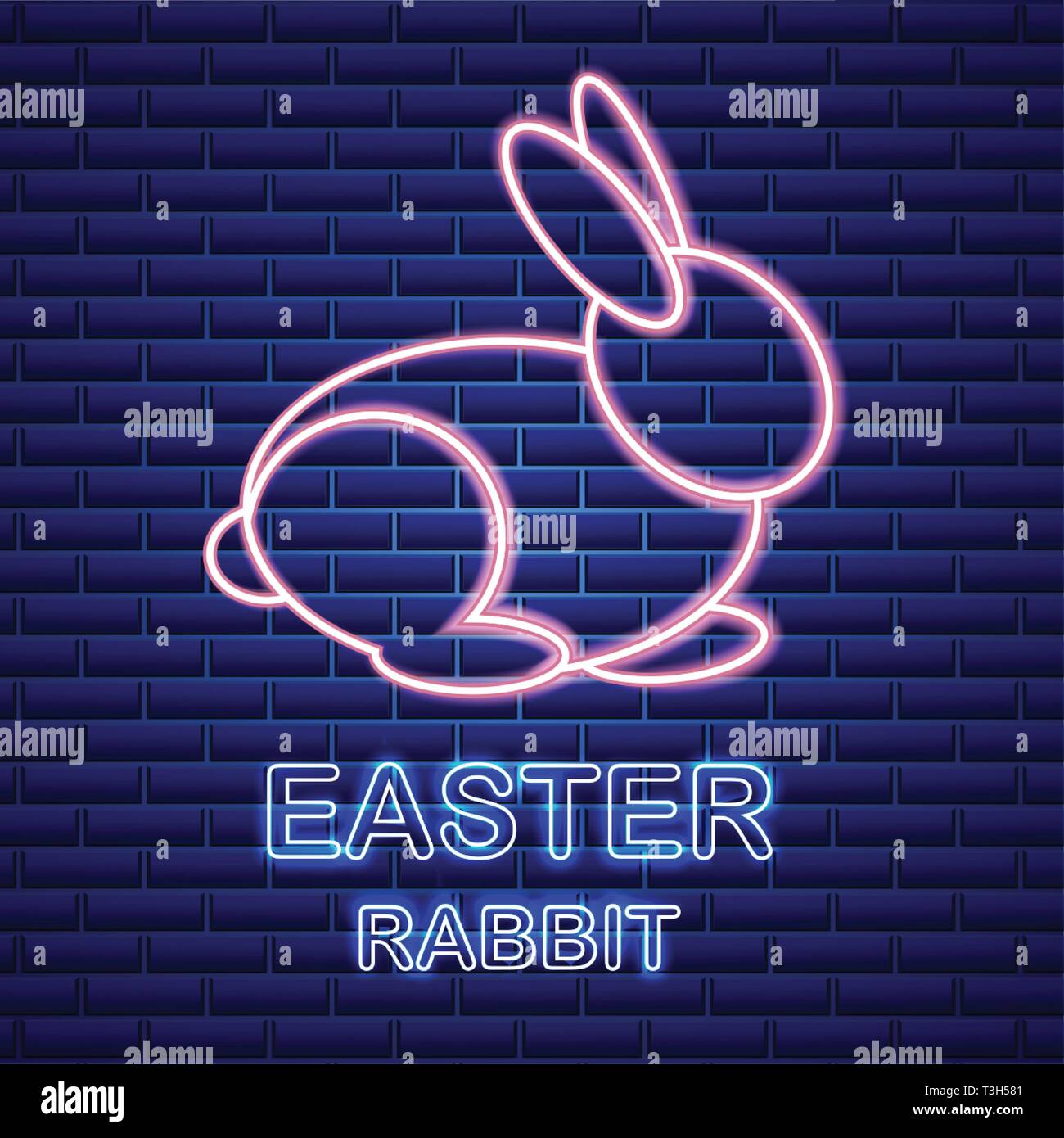 Easter card Vector with neon rabbit. Spring holidays. blue background Stock Vector