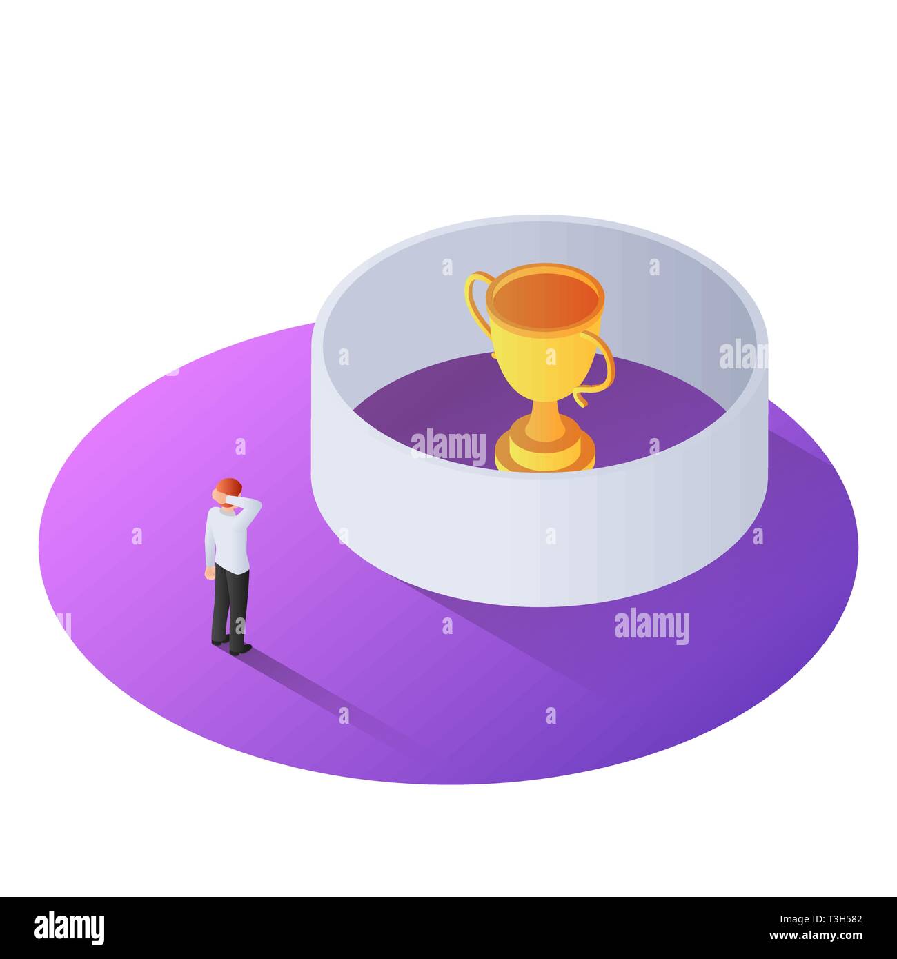 3d isometric businessman standing in front of the winner trophy in the wall. Business obstacle concept. Stock Vector