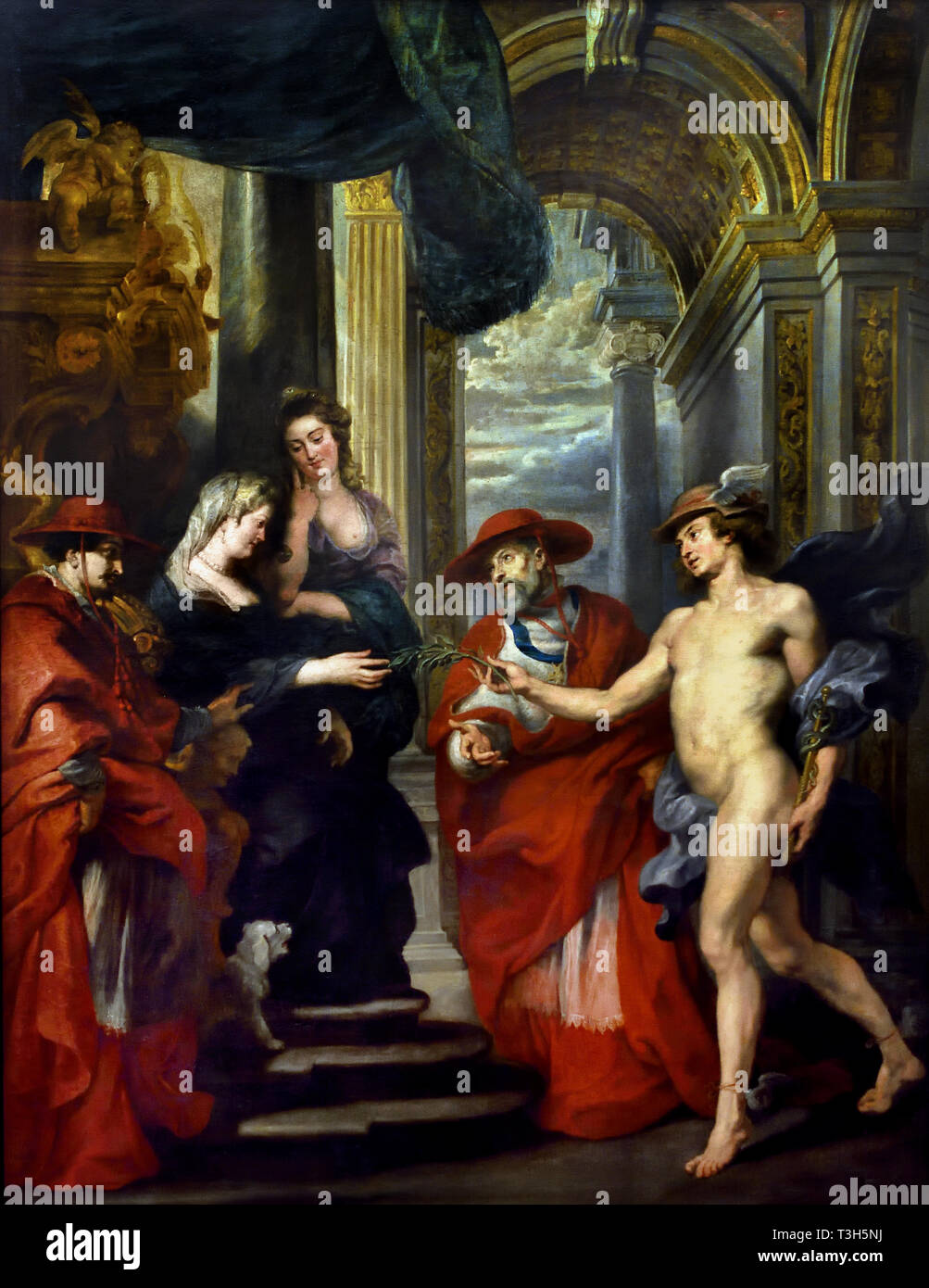 The Negotiations at Angoulême, Marie de' Medici genially takes the olive branch from Mercury, the messenger god - The Marie de' Medici Cycle 1622-1624  by Peter Paul Rubens commissioned by Queen Marie de' Medici, widow of King Henry IV of France, for the Luxembourg Palace in Paris, Stock Photo
