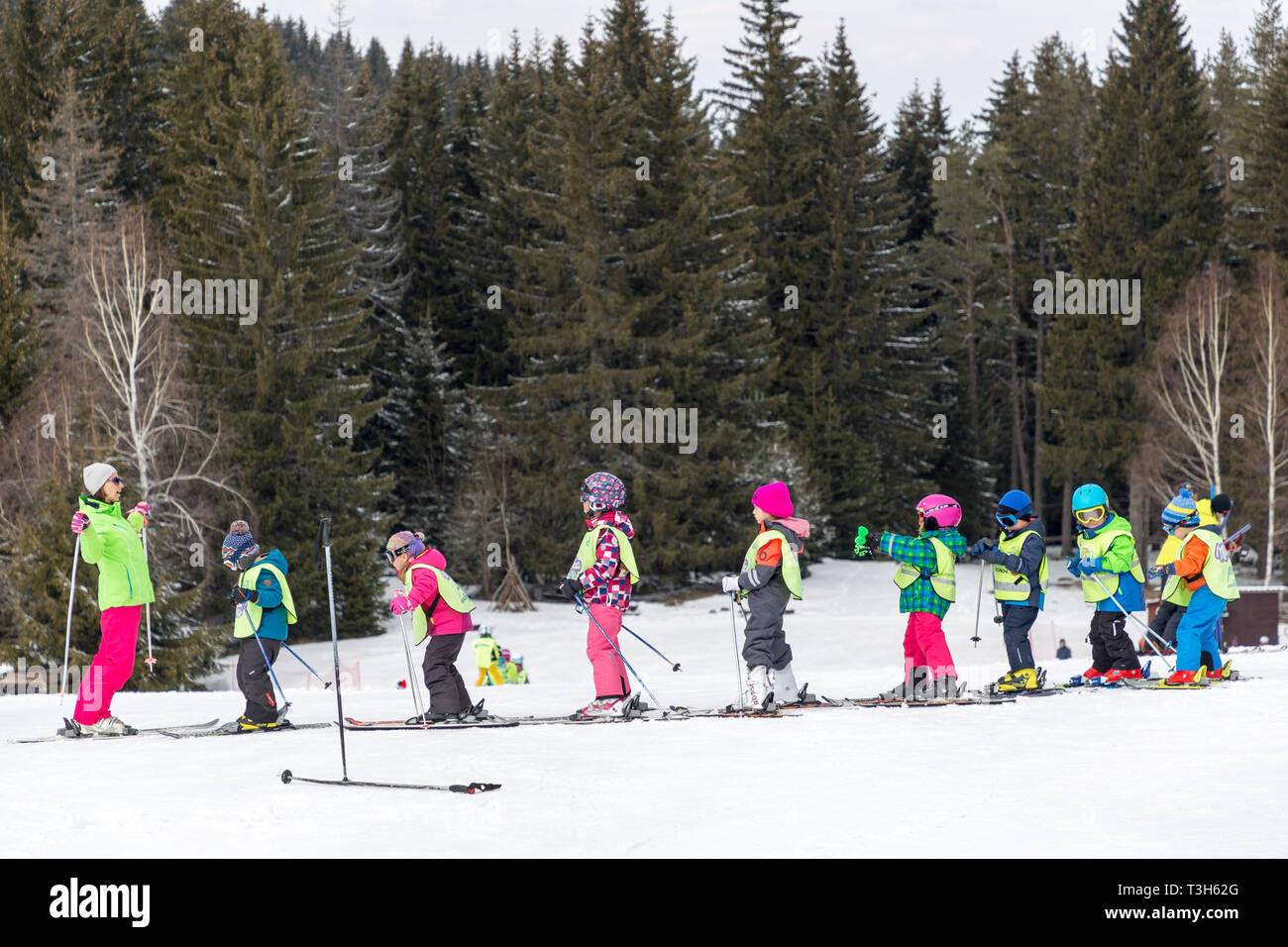 BULGARIA, SOFIA, VITOSHA - MARCH 15: Kids have fun during a ski school in Vitosha mountain, near Sofia, on March 15, 2019. Stock Photo