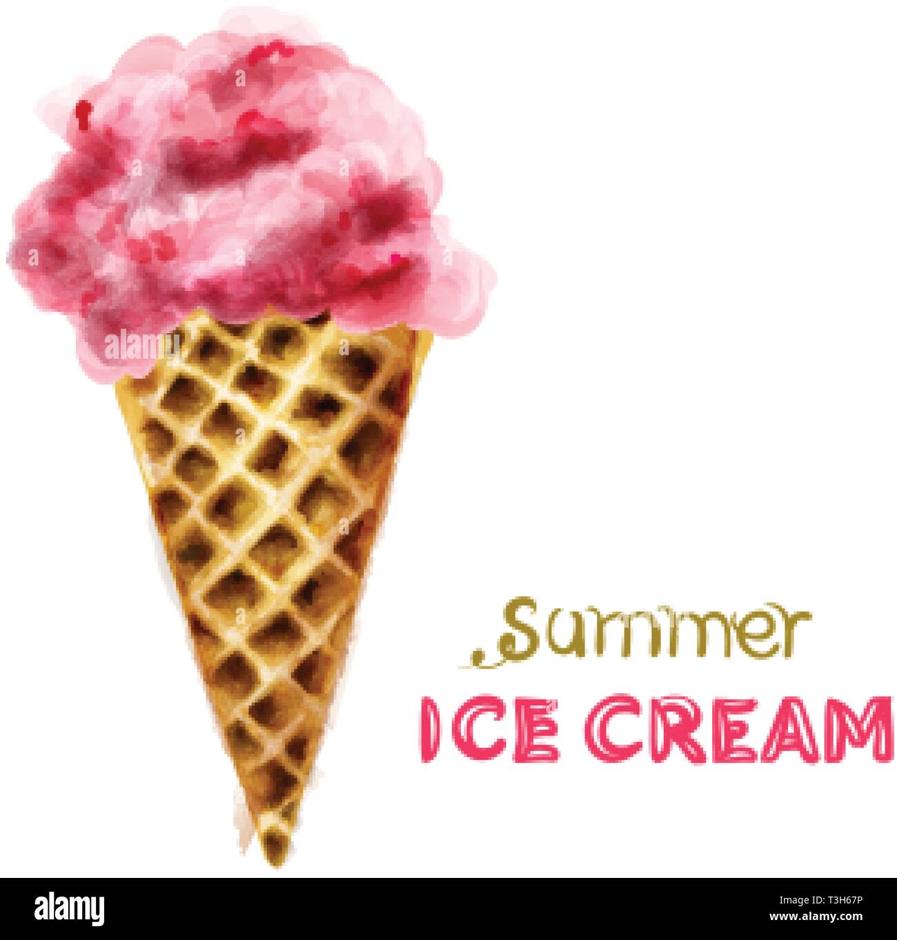Summer ice cream cone with cherry watercolor Vector. Colorful juicy ...