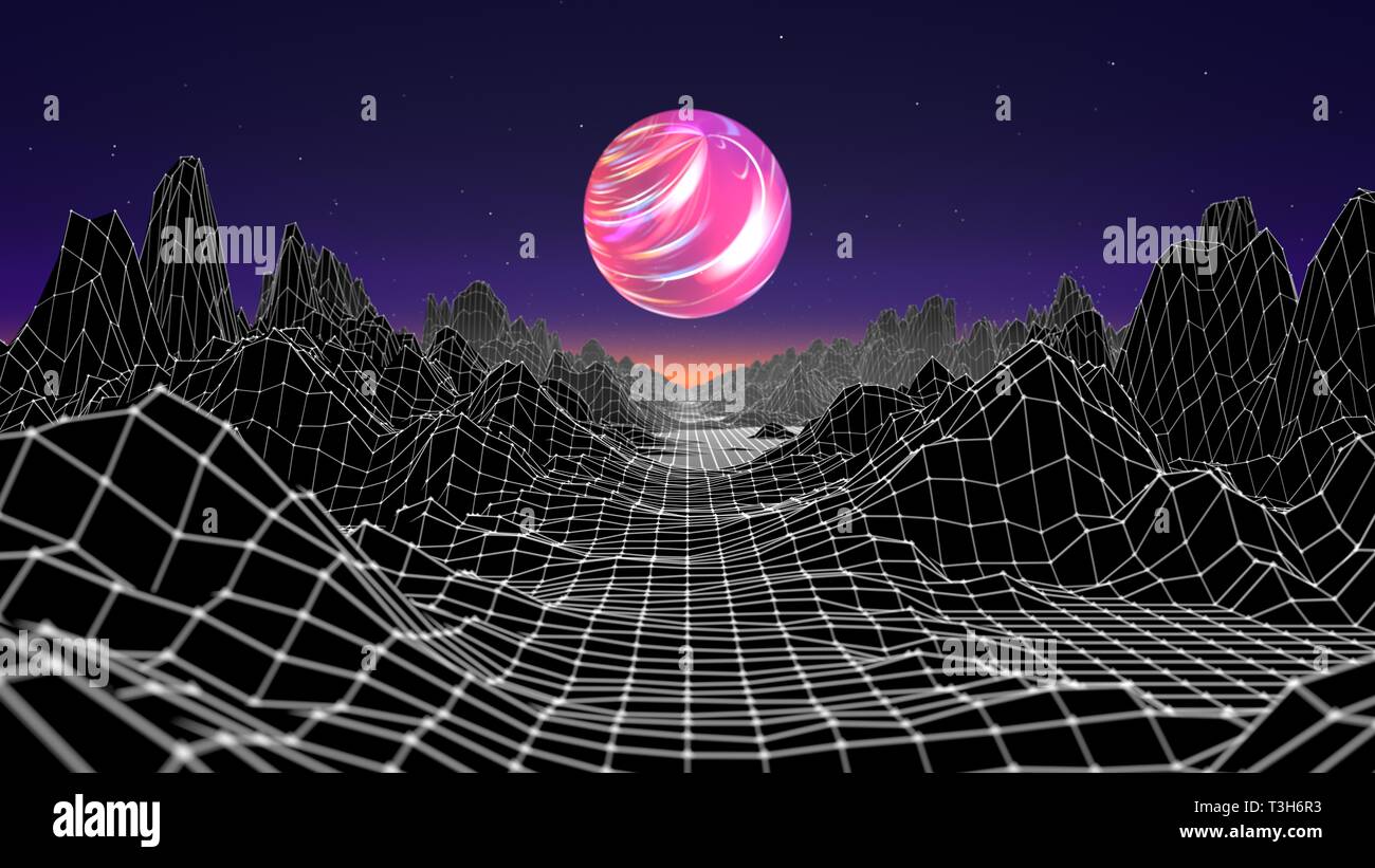 Hipster game from 80's cyber futuristic illustration. Digital oldschool game landscape wave image with moon and space mountains. Laser grid on terrain Stock Photo