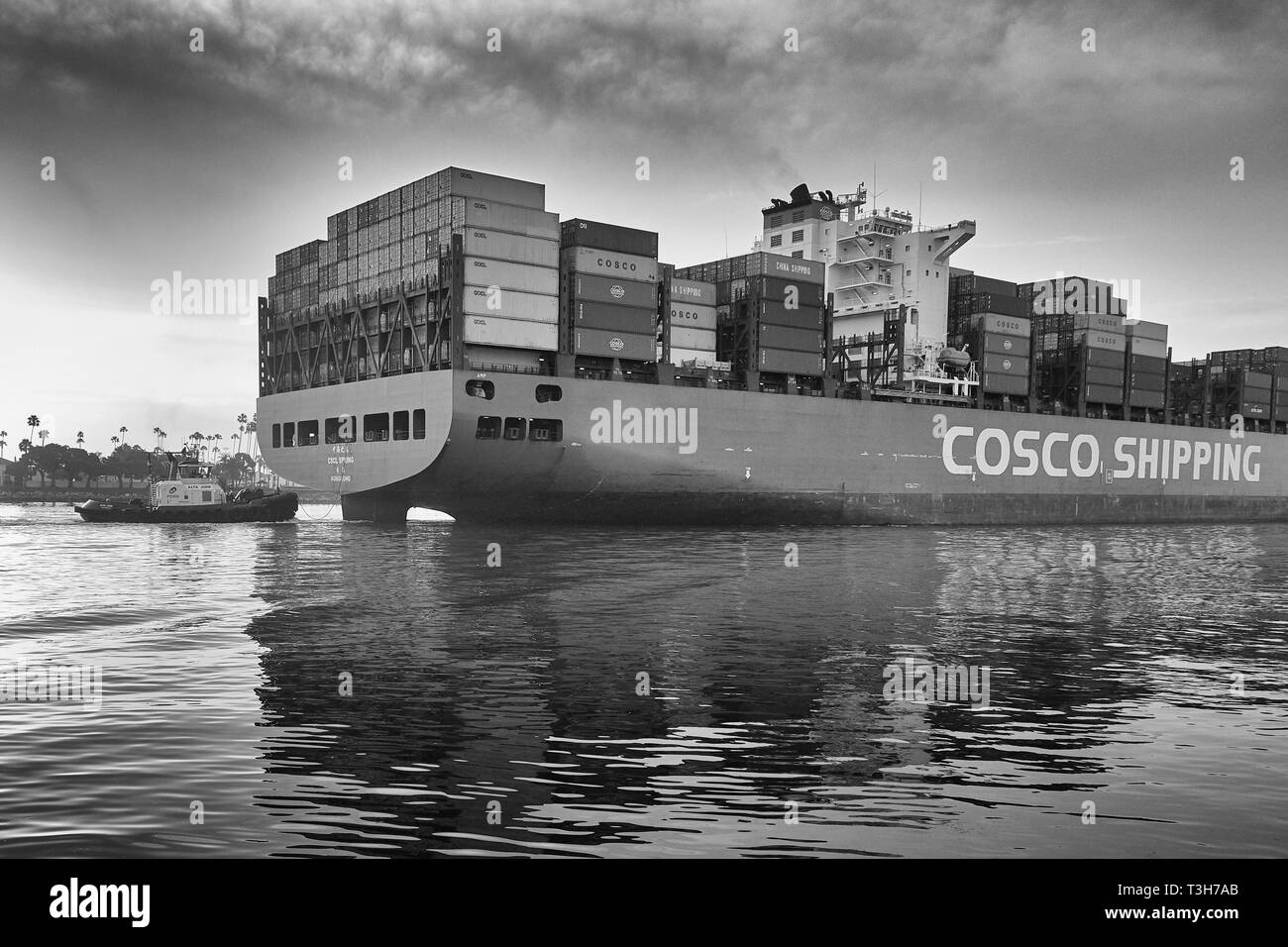 Black And White Image Of The COSCO SHIPPING SPRING Departing The Port of Los Angeles, California, USA. Stock Photo
