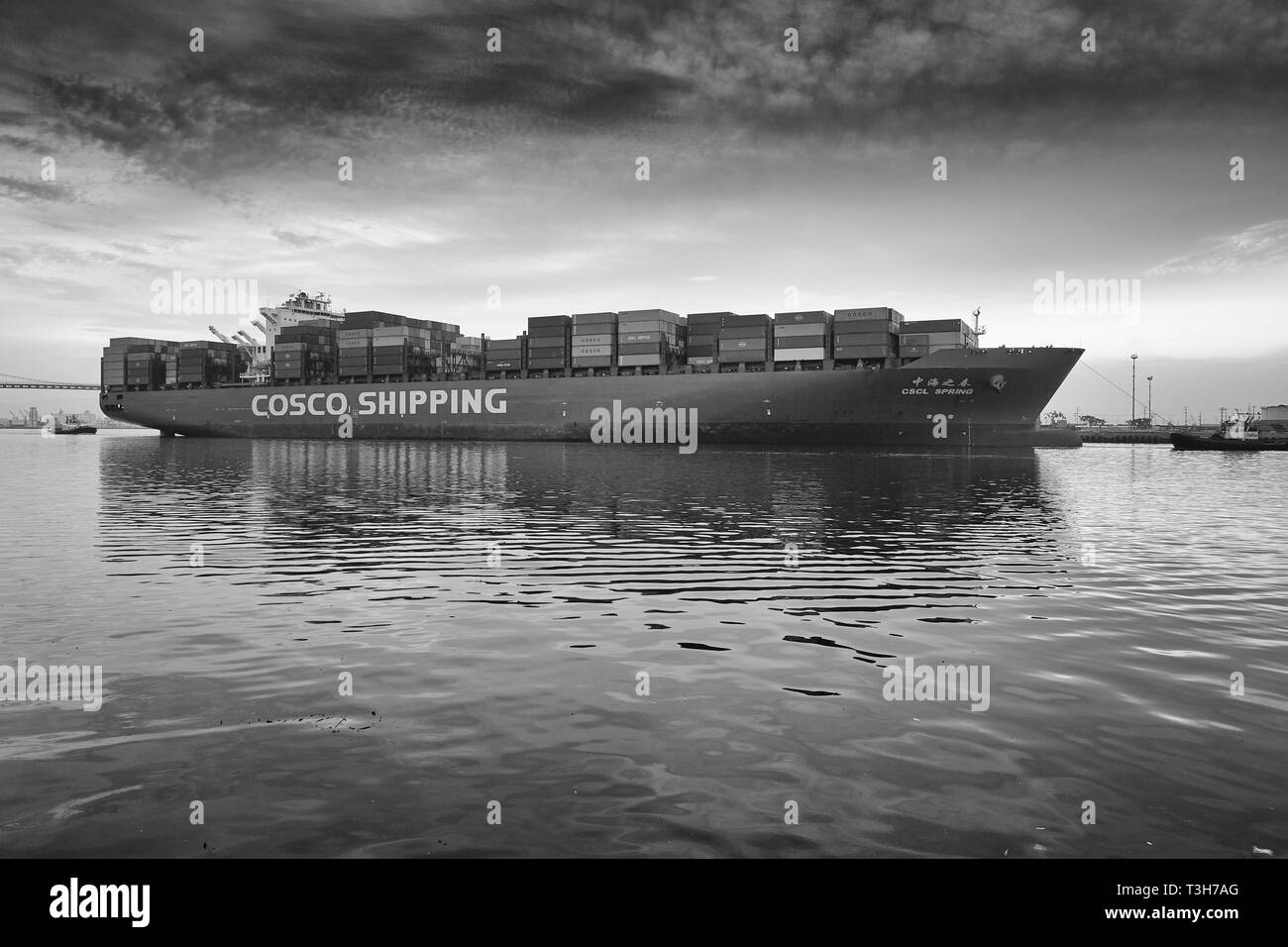 Moody Black And White Image Of The COSCO SHIPPING Container Ship, CSCL SPRING, Departing The Port of Los Angeles, California, USA. Stock Photo