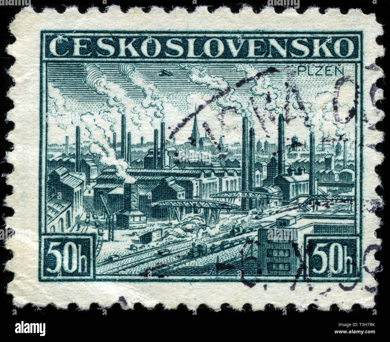 Postage stamp from the former state Czechoslovakia in the Pilsen and Košice Exhibitions series issued in 1938 Stock Photo