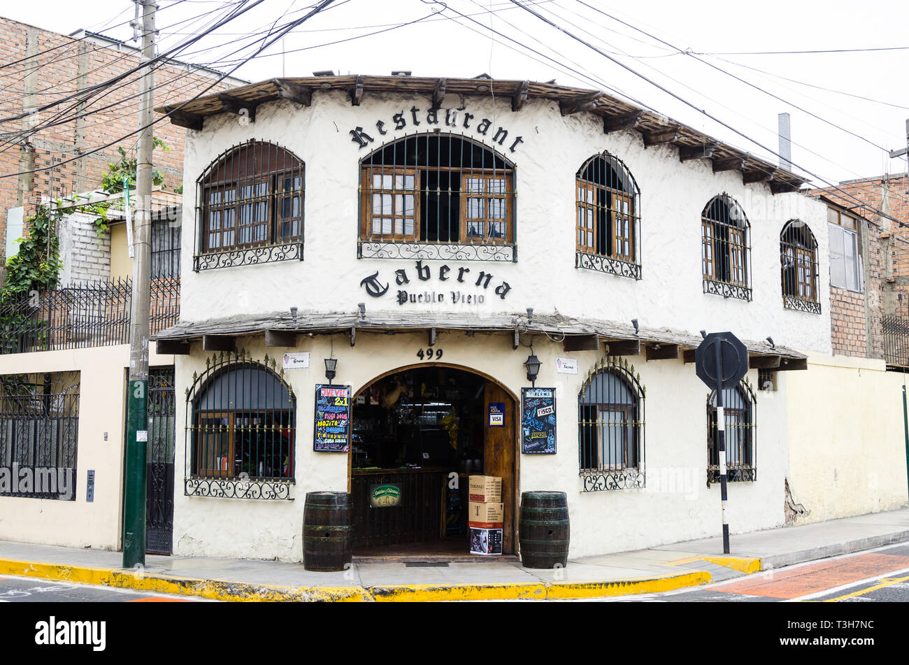 Lima, Peru January 17th, 2019 : Pueblo Viejo of Surco tavern located 3 minutes walk from the main square of Surco Pueblo in Lima - Peru Stock Photo