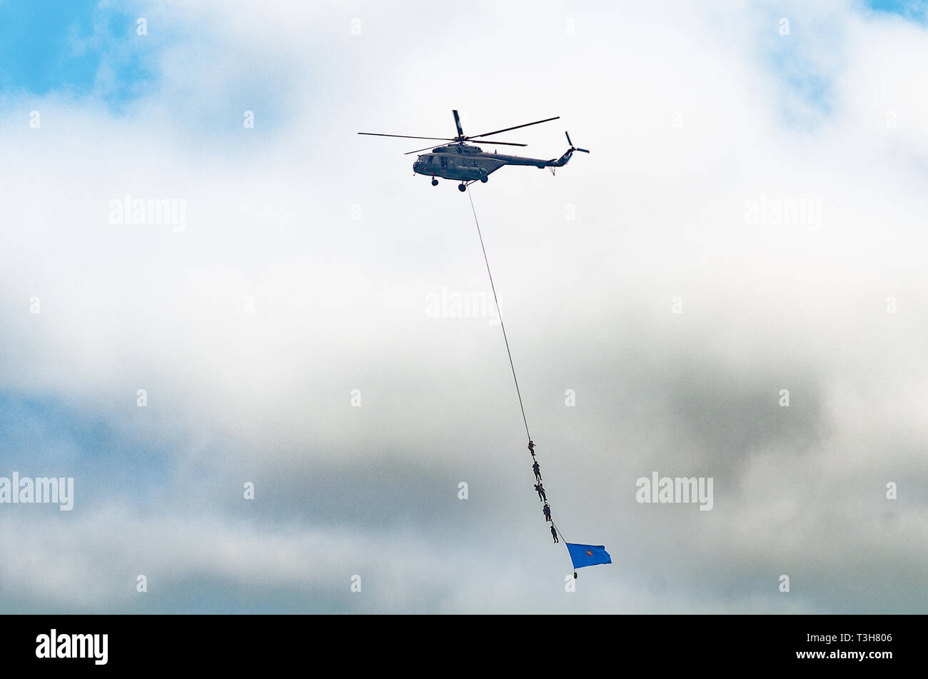 Silhouette of helicopter, soldiers rescue helicopter operations. Stock Photo