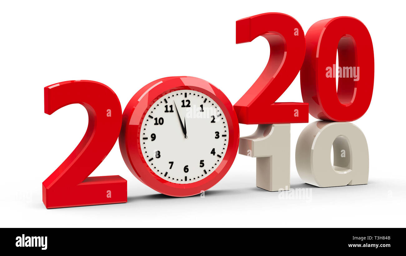 2019-2020 change with clock dial represents coming new year 2020, three-dimensional rendering, 3D illustration Stock Photo