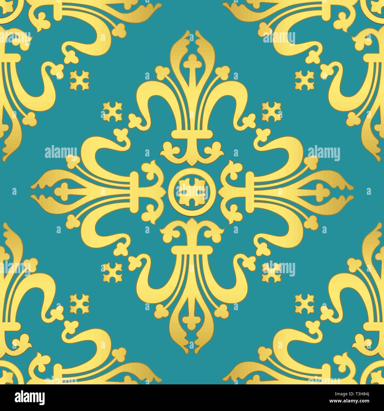 Vintage baroque ornament, damask floral luxury seamless pattern, vector illustration. Gold oriental tracery on turquoise background, retro antique roc Stock Vector