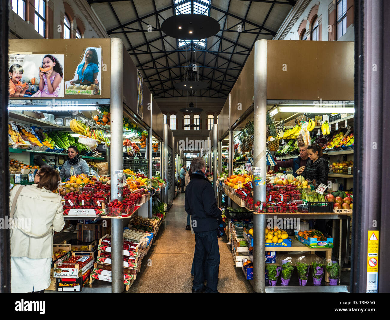 Mercato delle Erbe Bologna - largest covered market in the historical city center, sells fruits and vegetables, meat, cheese, wine with a food court. Stock Photo