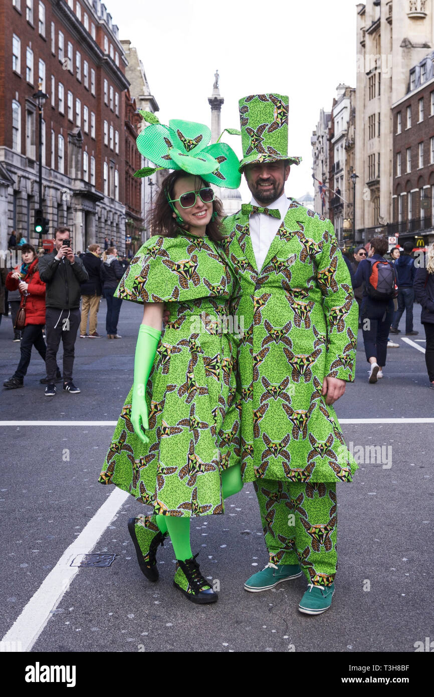 St Patrick's day London. Irish tourists, dressed in green, celebrating in London. Irish people. St Patricks Day Stock Photo