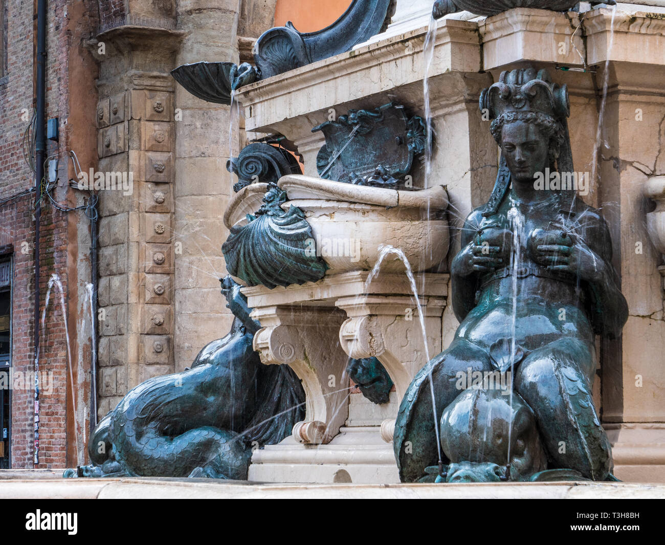 Fountain of Neptune Fontana di Nettuno, a monumental civic fountain located on Piazza del Nettuno next to Piazza Maggiore. Created 1565 by Giambologna Stock Photo