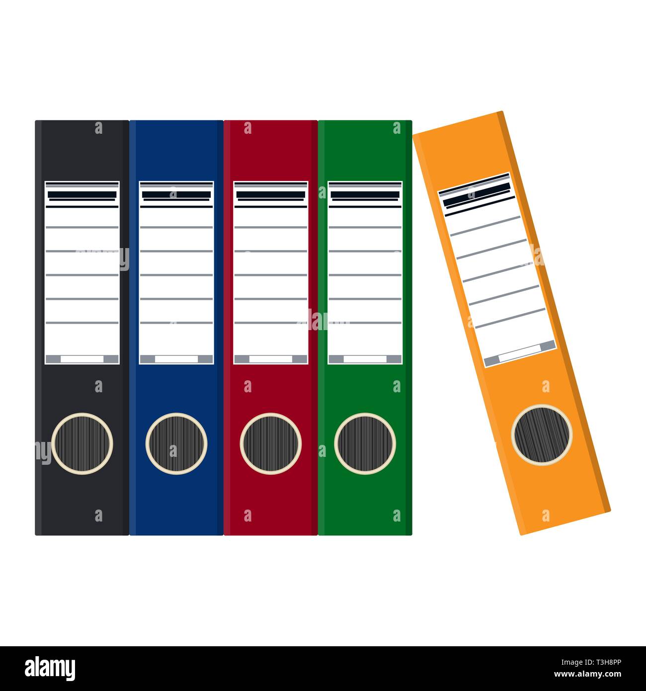 Files, ring binders, colorful office folders. Side view. Vector flat