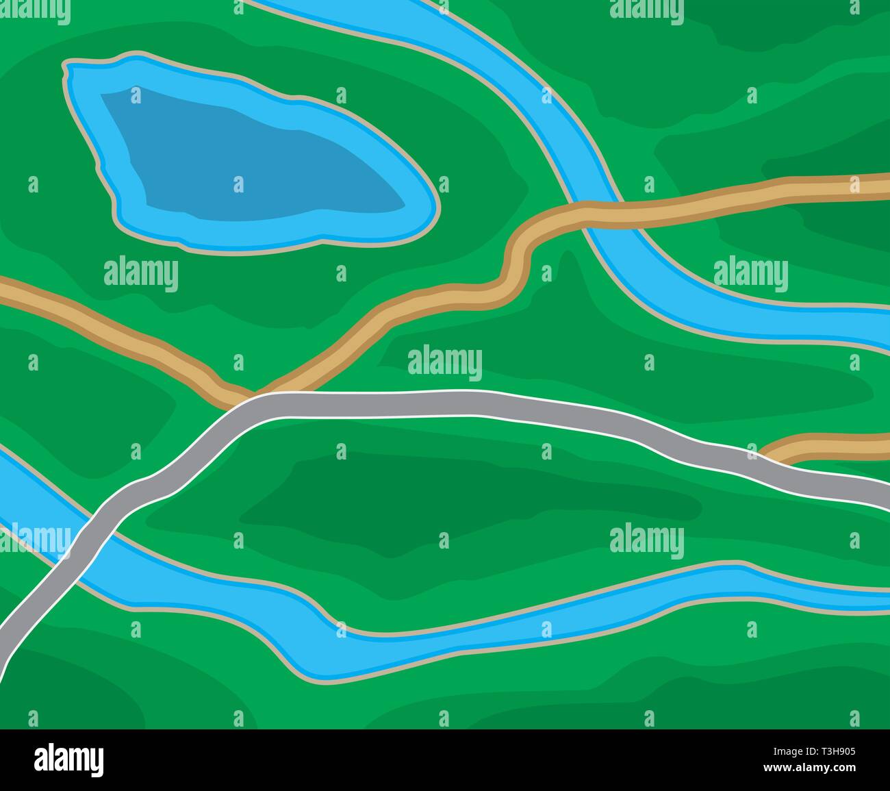 Abstract generic suburban city map with roads, parks, river, lake. GPS