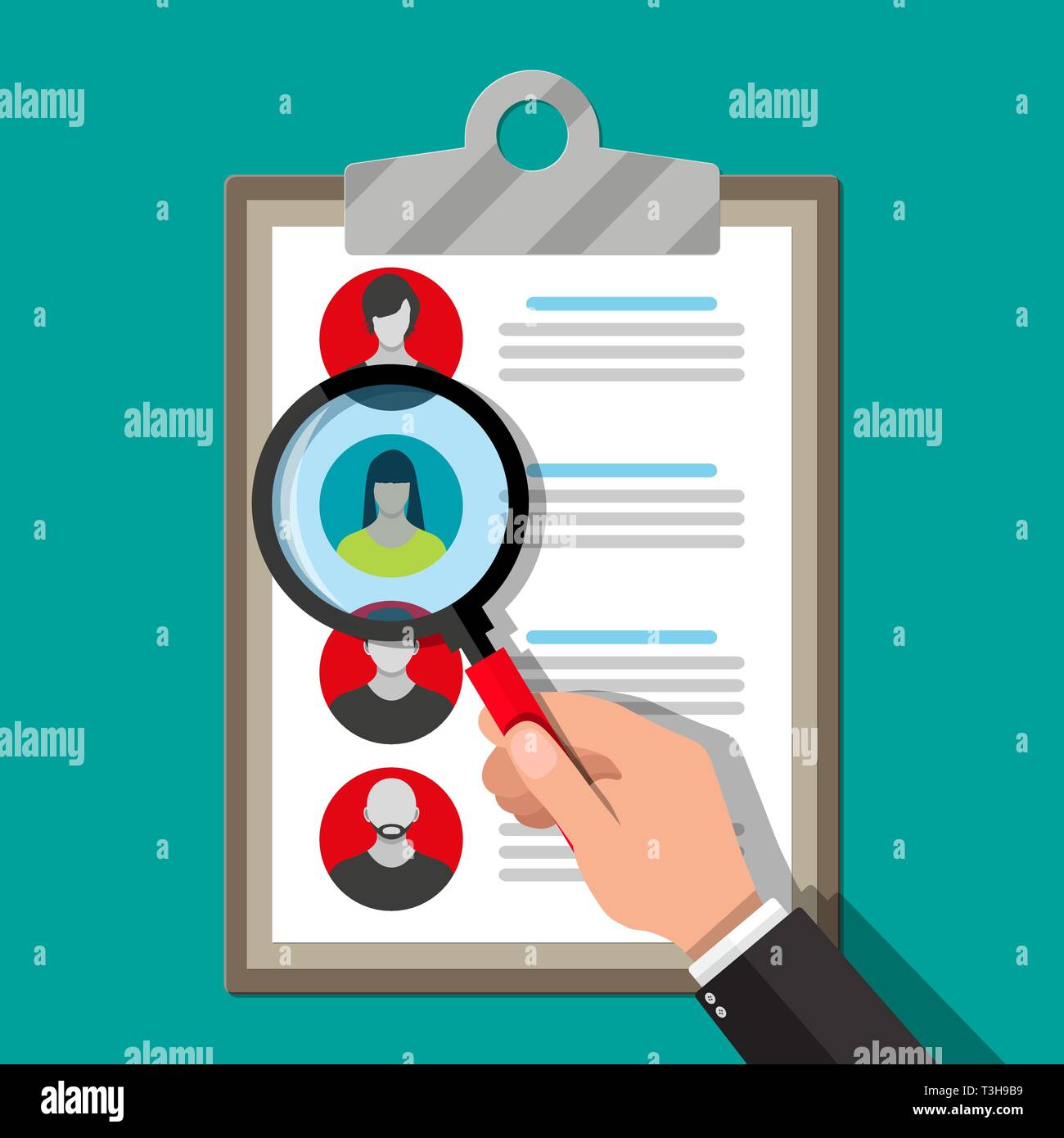 Man holding resume and stamp with Approved. Happy man got a job. Human  resources management concept, searching professional staff, analyzing resume  papers, work. Flat vector illustration. Stock Vector