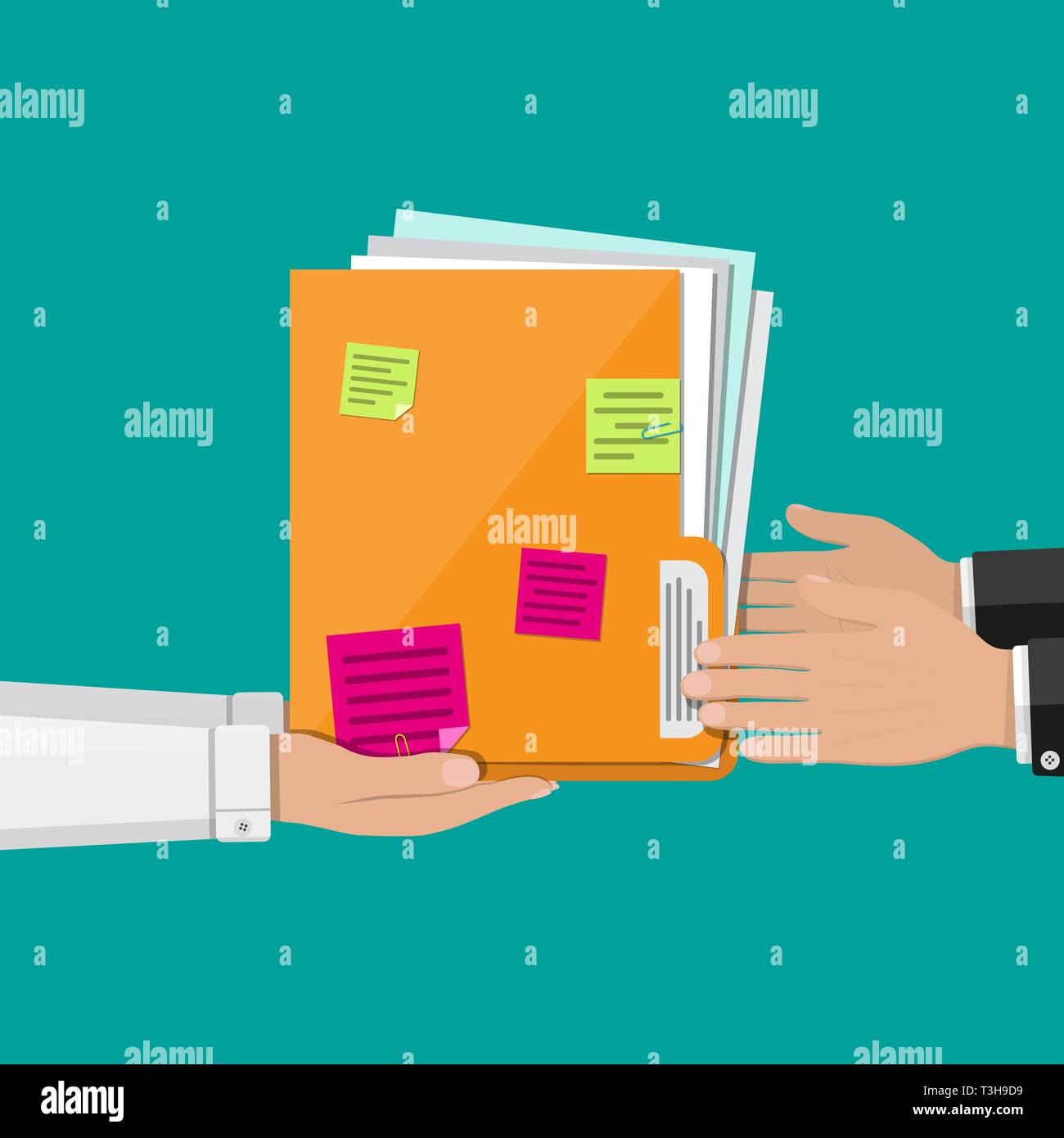 Orange documents folder with paper sheets and sticky notes in hand. Vector illustration in flat style Stock Vector