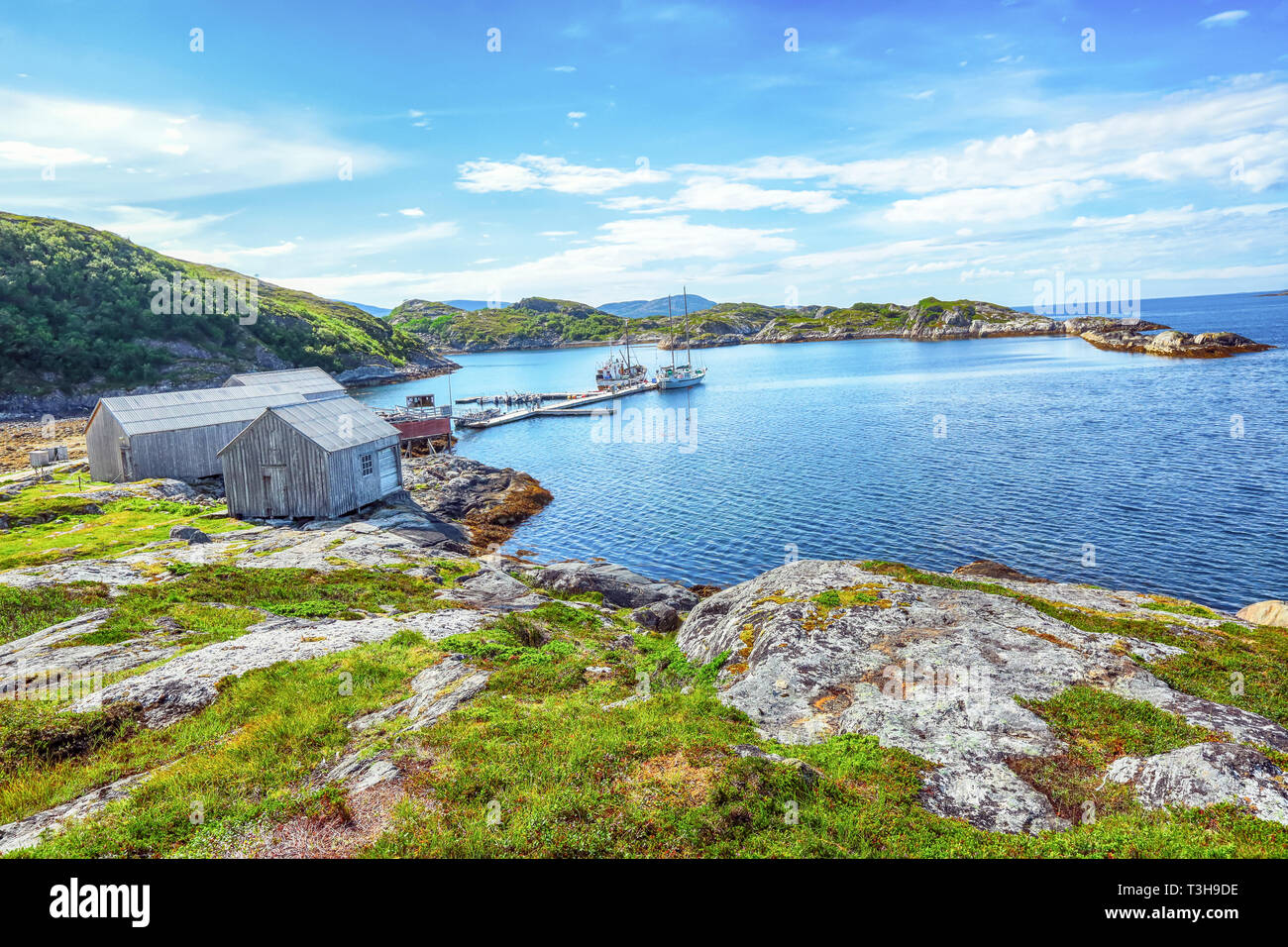 Atlantic coast on the island Joea in the Namsen fjord, there was born Olav Duun, one of the outstanding writers in the norwegian literature. Stock Photo