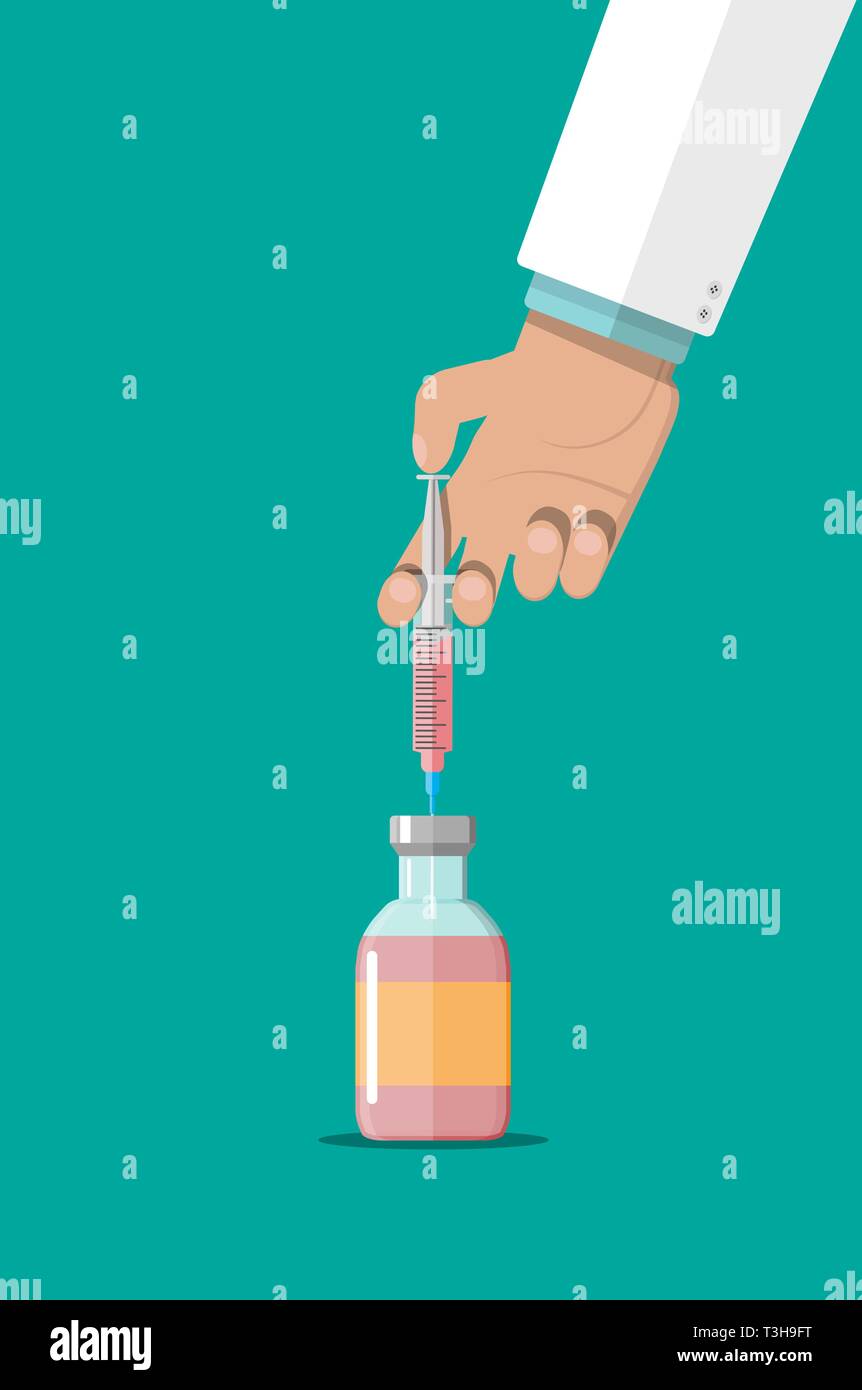 Ampoule and syringe with medicament in hand of doctor. Vaccination concept. Healthcare, hospital and medical diagnostics. Vector illustration in flat  Stock Vector