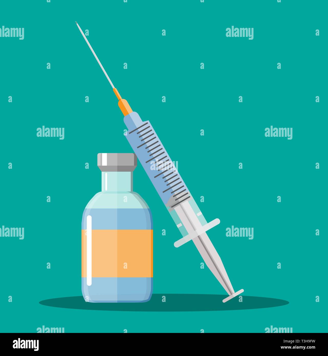Ampoule and syringe with medicament. Vaccination concept. Healthcare, hospital and medical diagnostics. Vector illustration in flat style Stock Vector