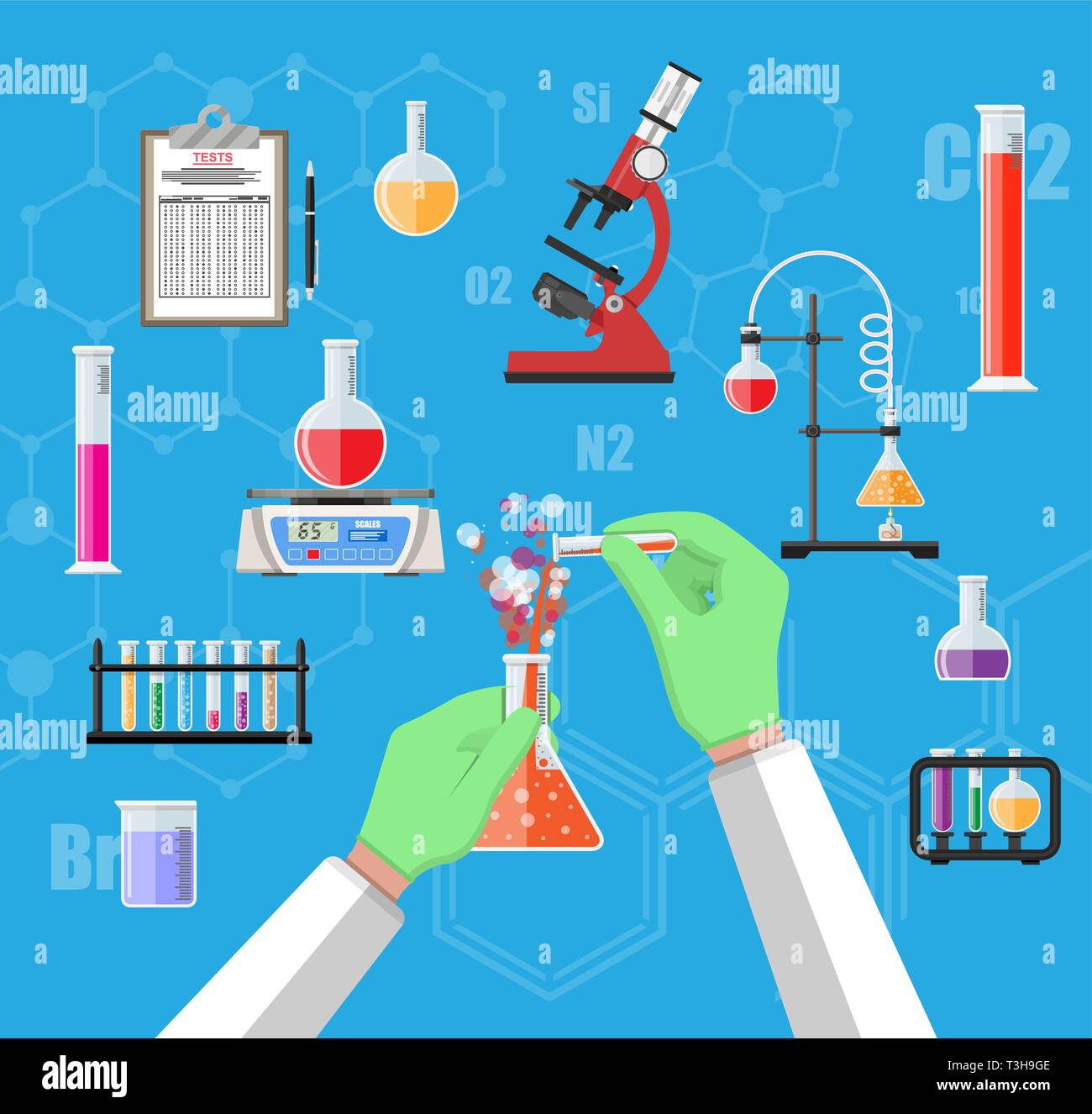 Science Experiment in laboratory. Lboratory equipment, jars, beakers
