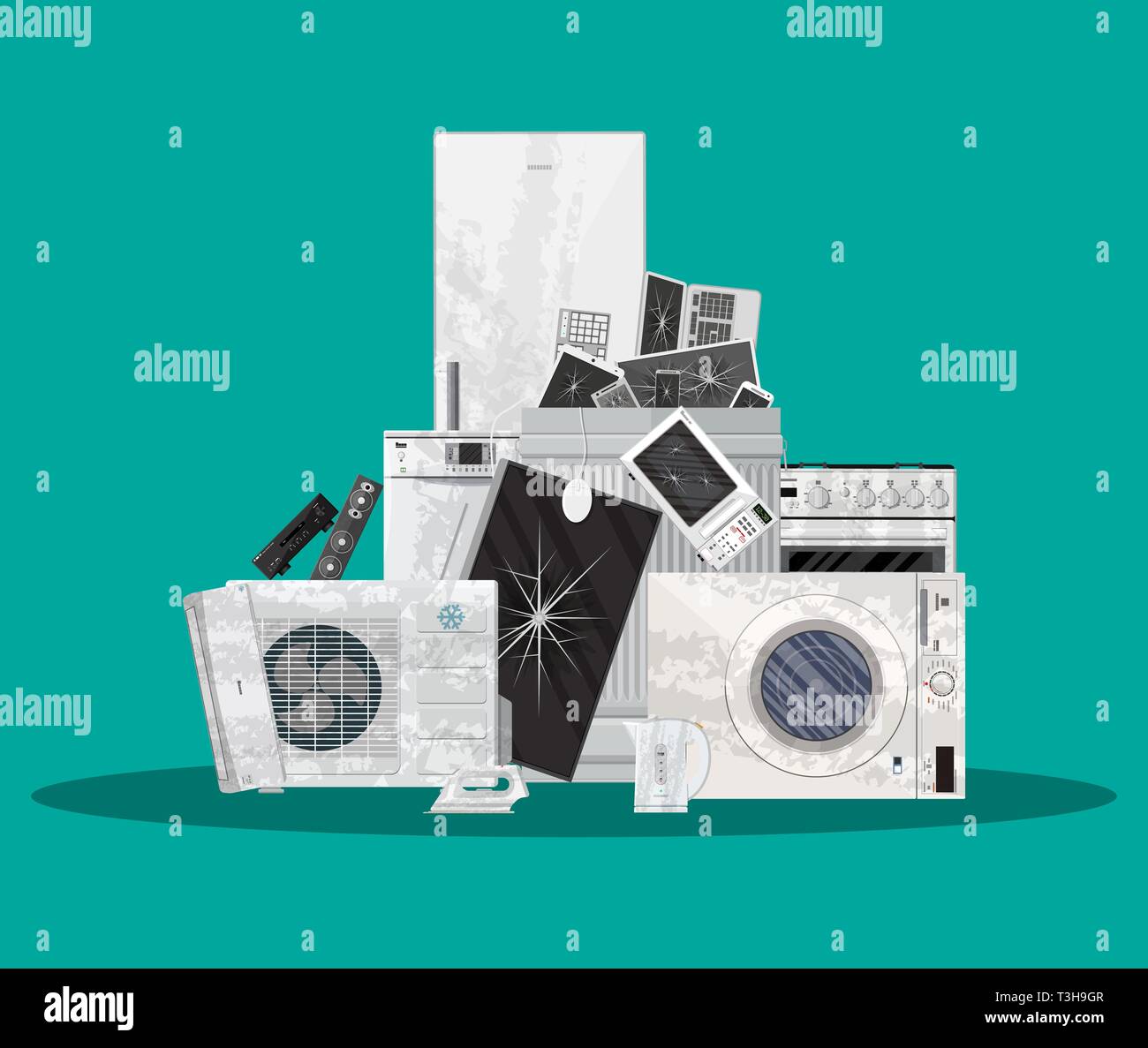 Ewaste electrical and electronic equipment pile. Computer and home electronic waste stack