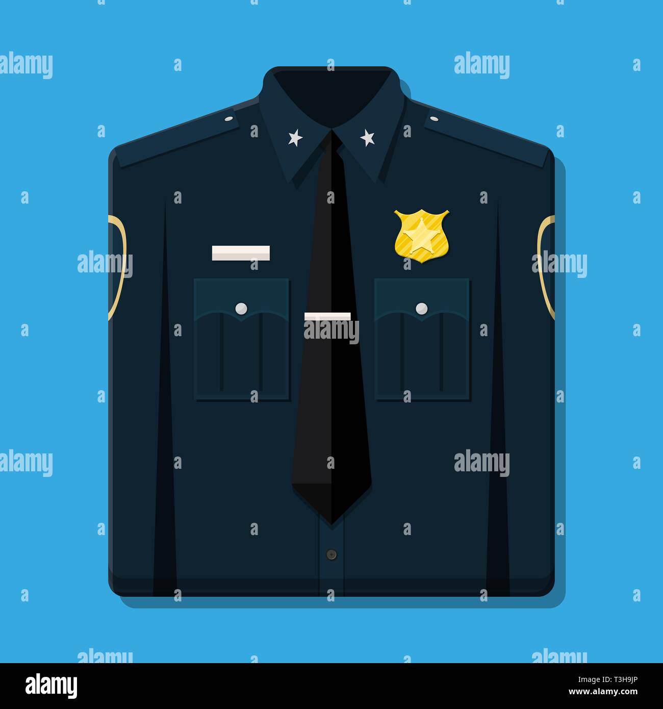 Folded blue policeman uniform with badge. Vector illustration in flat style Stock Vector