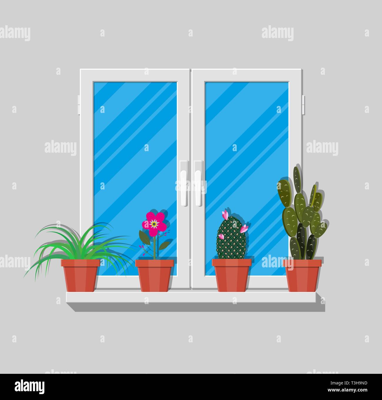 White window with flowers on wall. Vector illustration in flat style Stock Vector