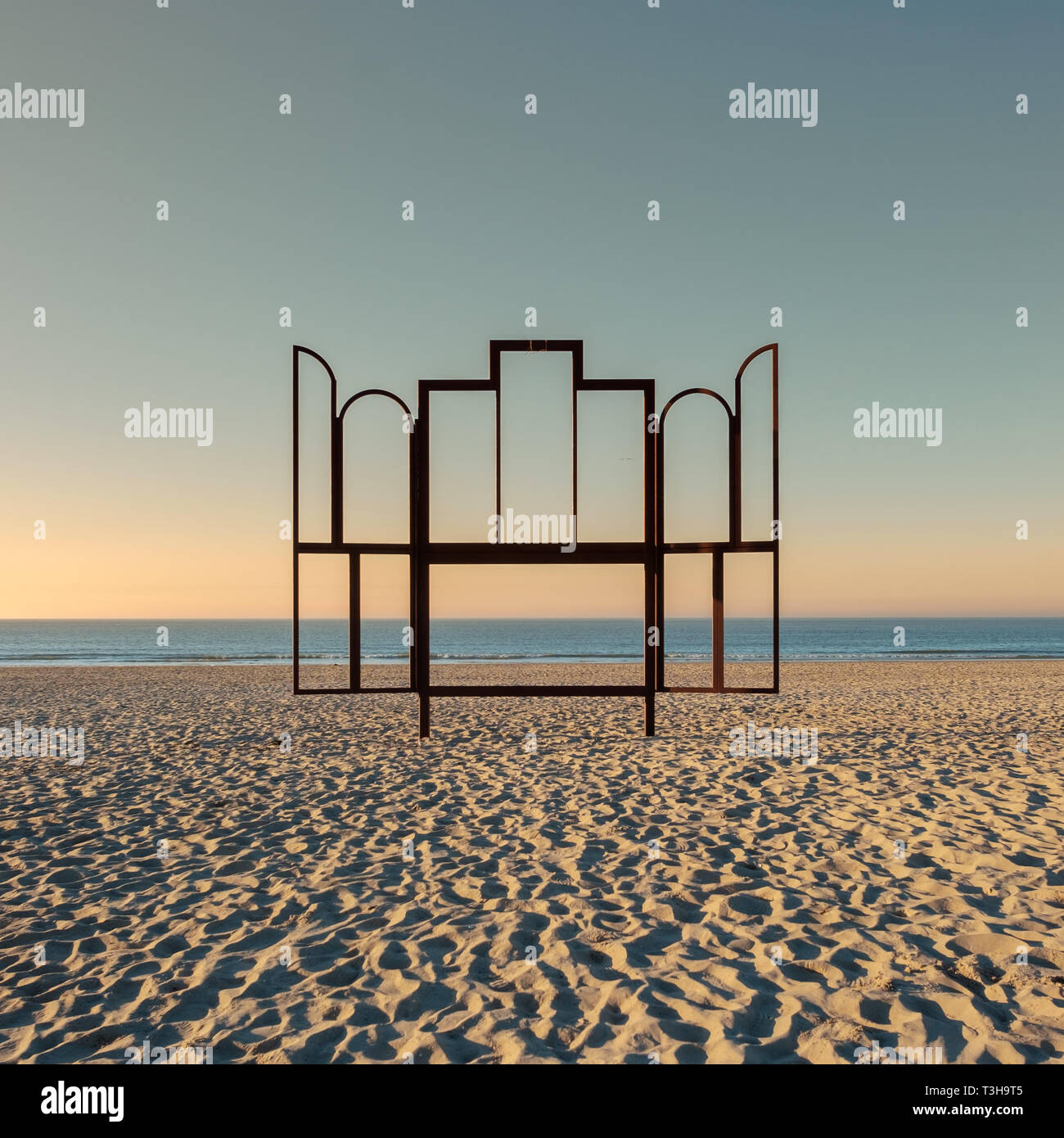 Artwork 'Altar' on the beach of Oostende, Belgium. This frame is modeled after the famous painting 'Ghent Altarpiece' (Het Lam Gods) Stock Photo