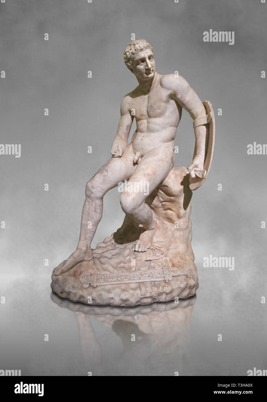 1st century AD Roman marble sculpture of a seated male, copied from a  Hellanistic Greek original,  inv 6323, Farnese Collection, Museum of Archaeolog Stock Photo