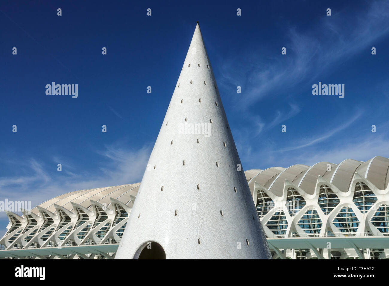 Valencia Spain city building Europe, Valencia City of Arts and Sciences,  Spain modern architecture by Calatrava Cone Science Museum background Stock Photo