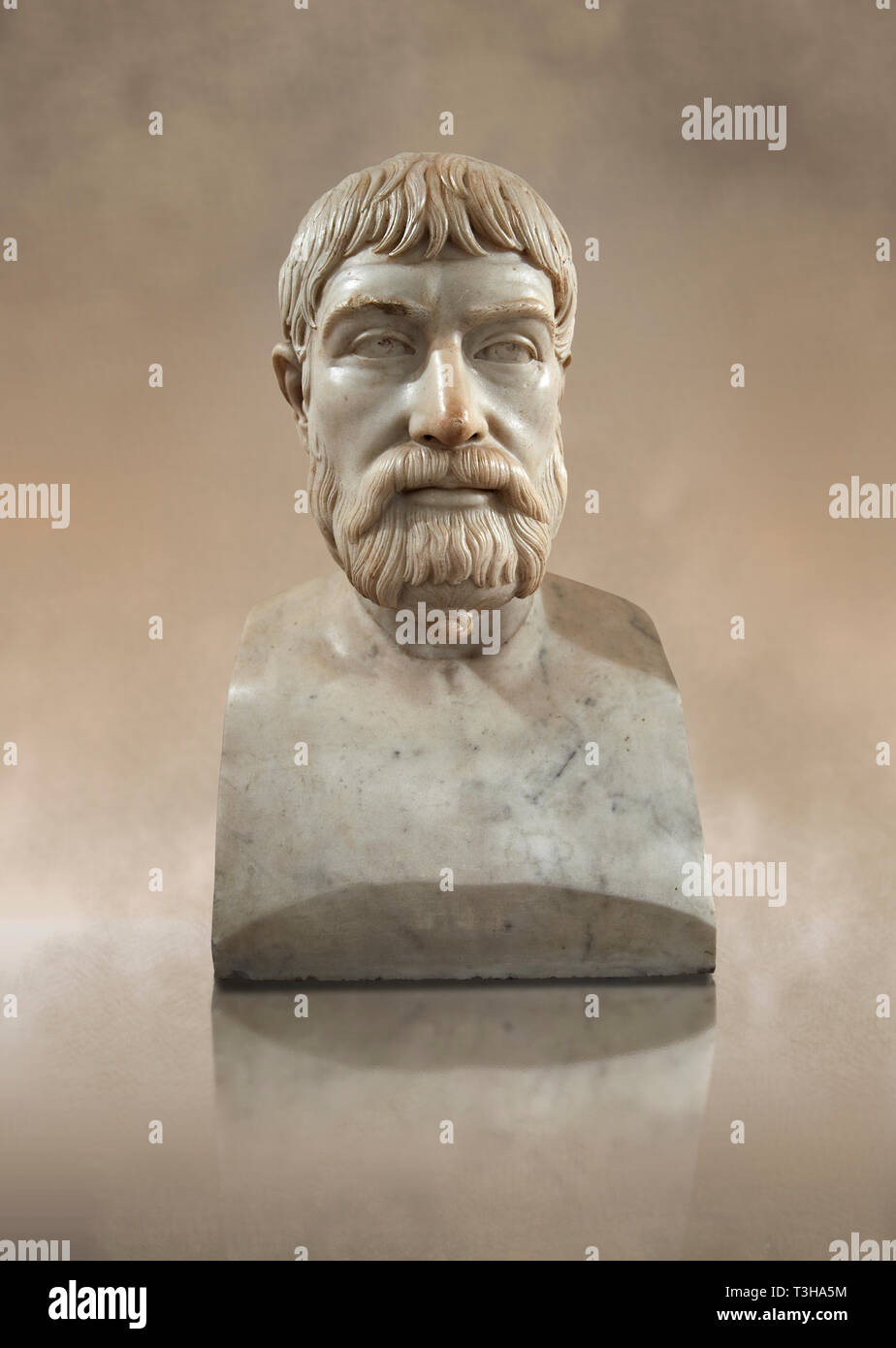 Roman marble sculpture bust of Pindar, 1 130-140 AD from an original mid 5th century BC Hellanistic Greek original, inv 6144, Museum of Archaeology, I Stock Photo