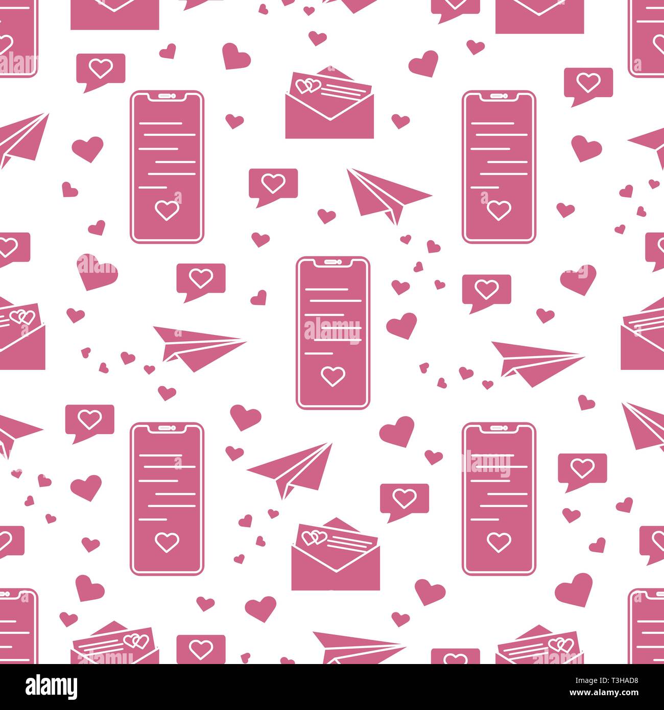 Seamless pattern with paper airplane, envelope, smartphone, sms, hearts ...